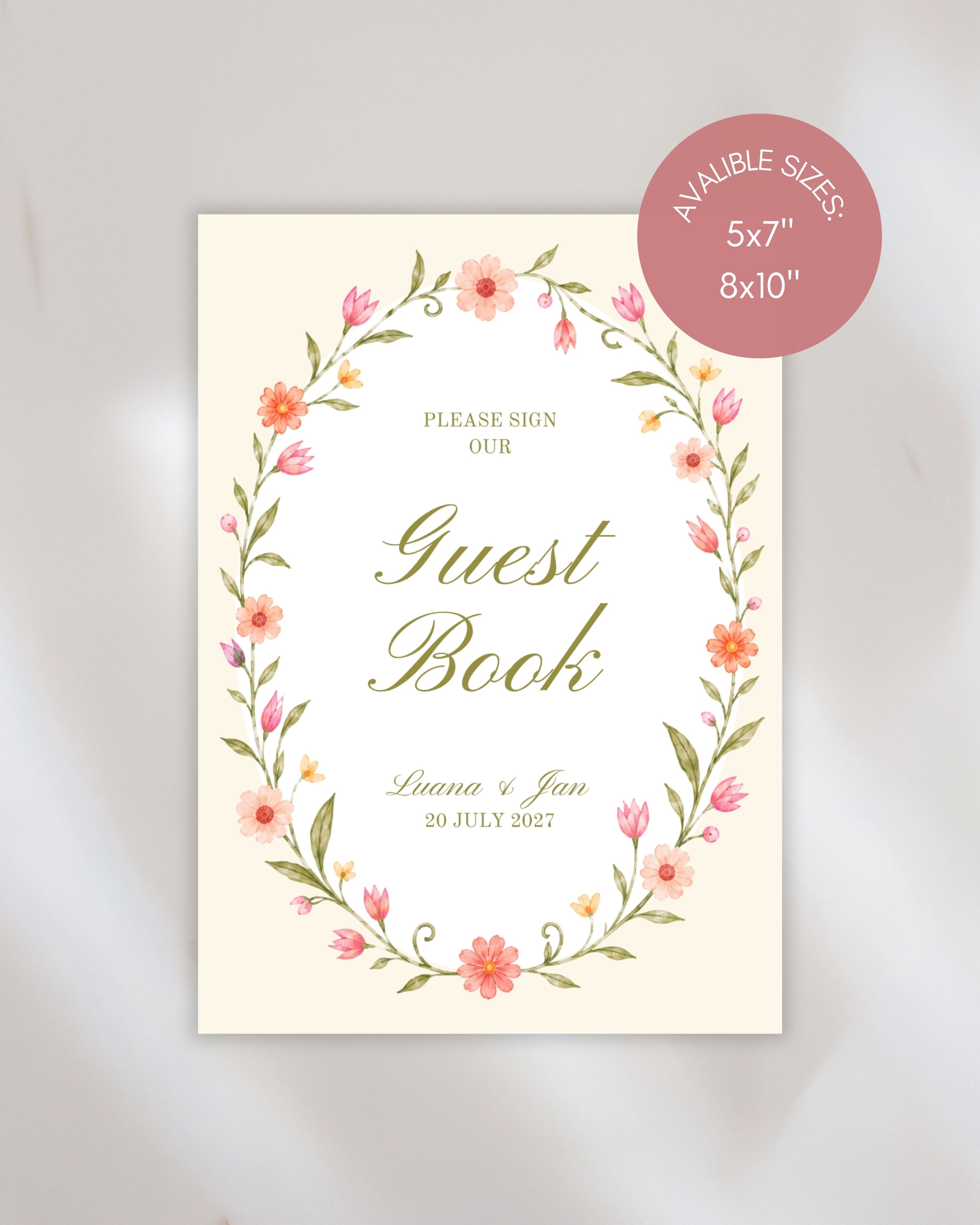 Guest Book Sign Template: Editable Floral Wedding Guest Book Sign 014