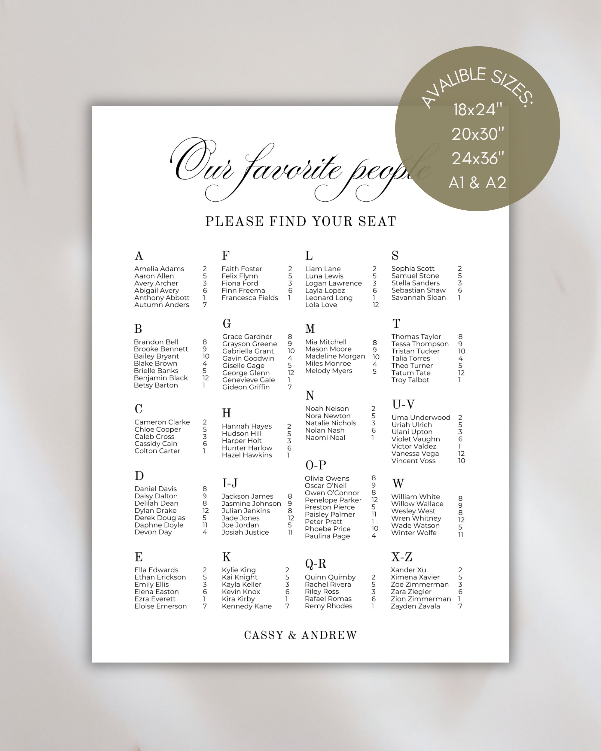 Alphabetical Seating Chart Template: Our Favorite People Wedding Seating Sign 011