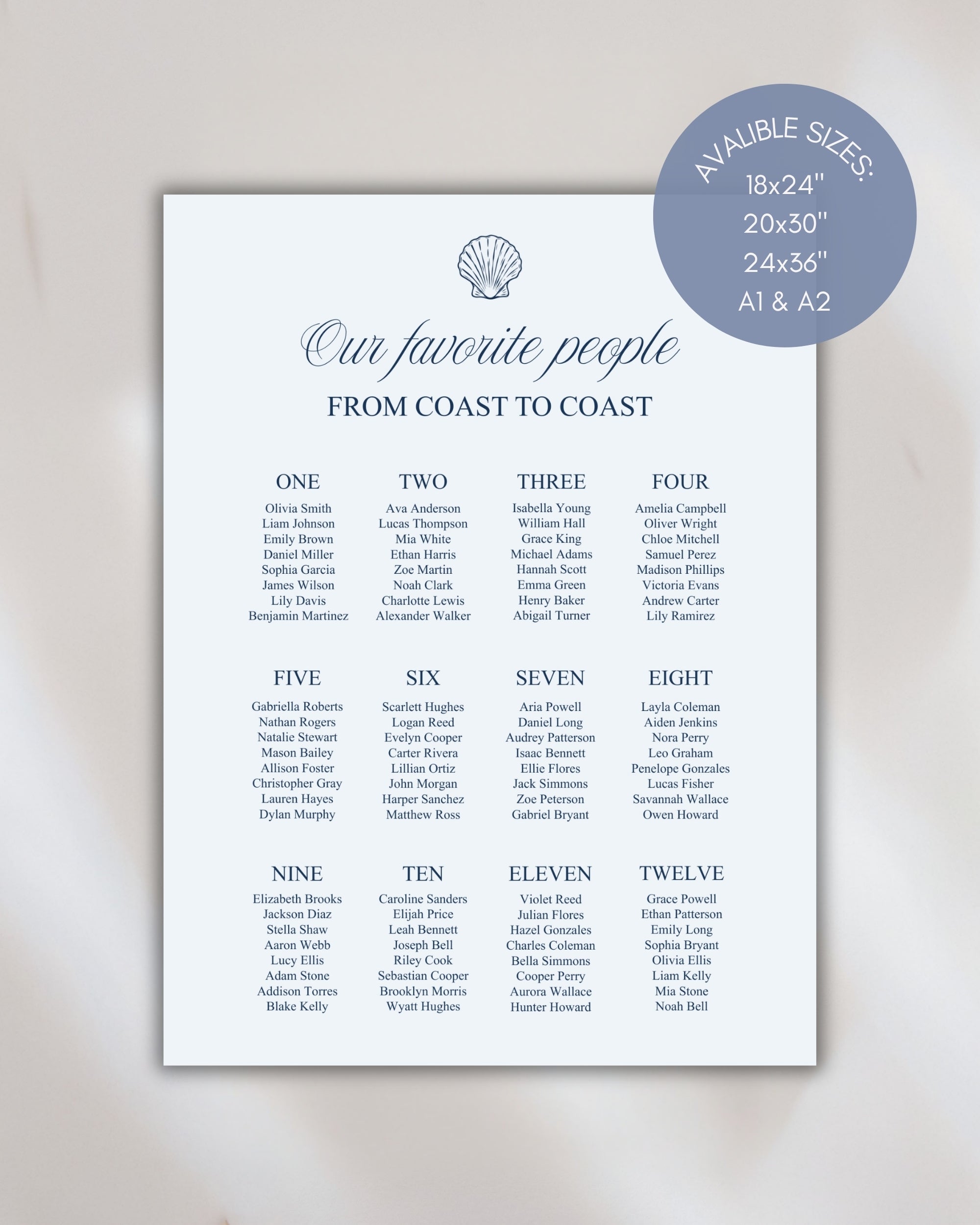 Seating Chart Template: Blue Seashell Ocean Wedding Seating Sign 013