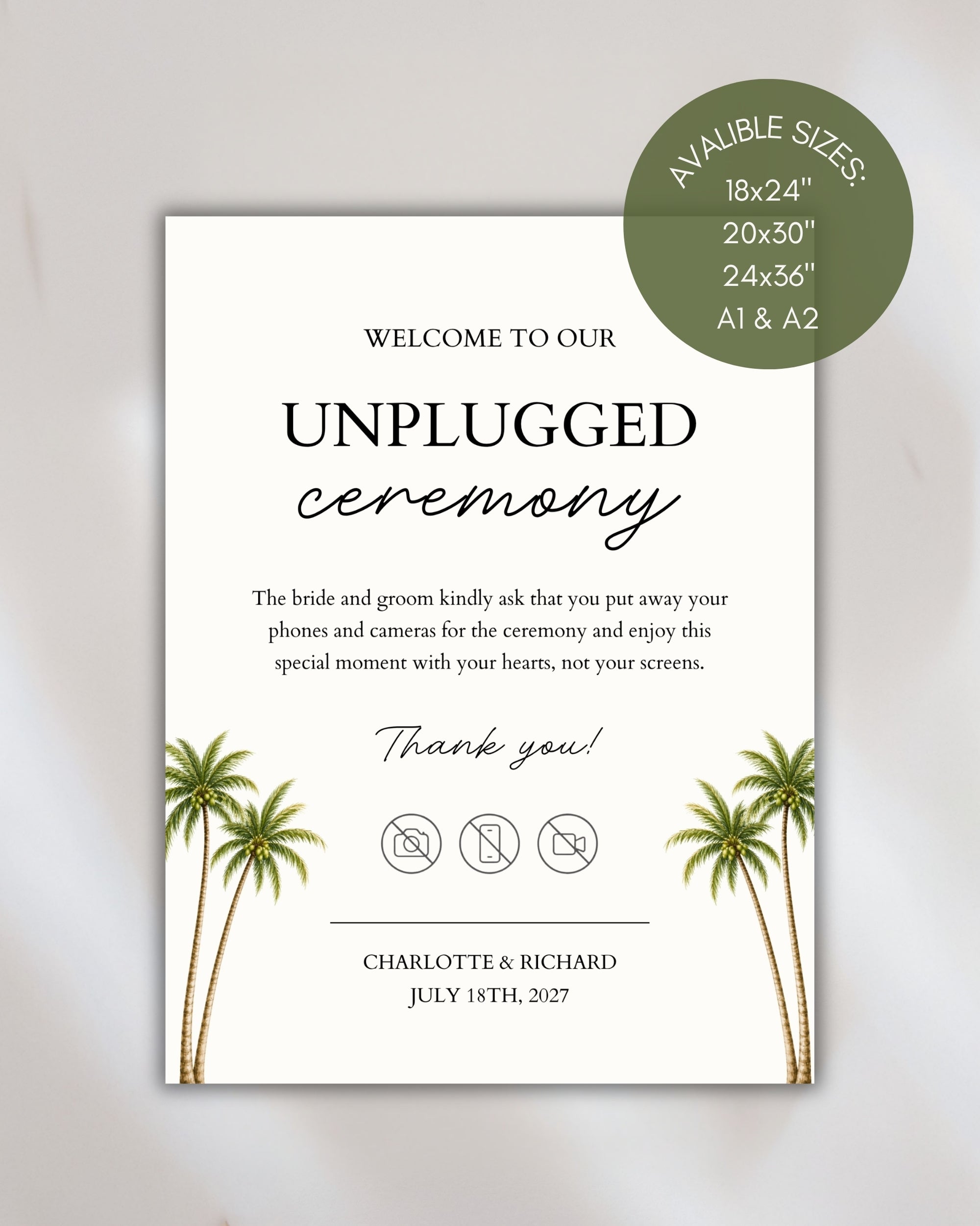 Unplugged Ceremony Sign Template: Editable Tropical Wedding Phone Sign