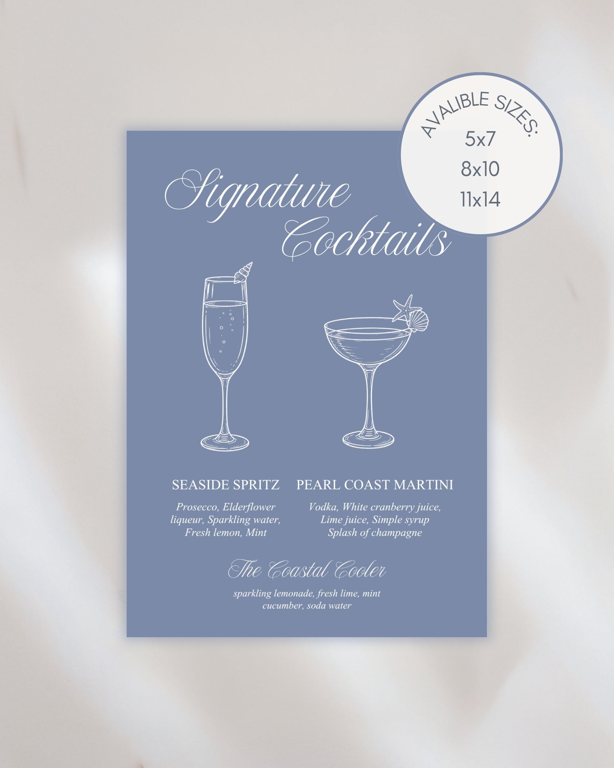 Signature Cocktails Sign Template: Blue Seashell Ocean Bar Menu 013