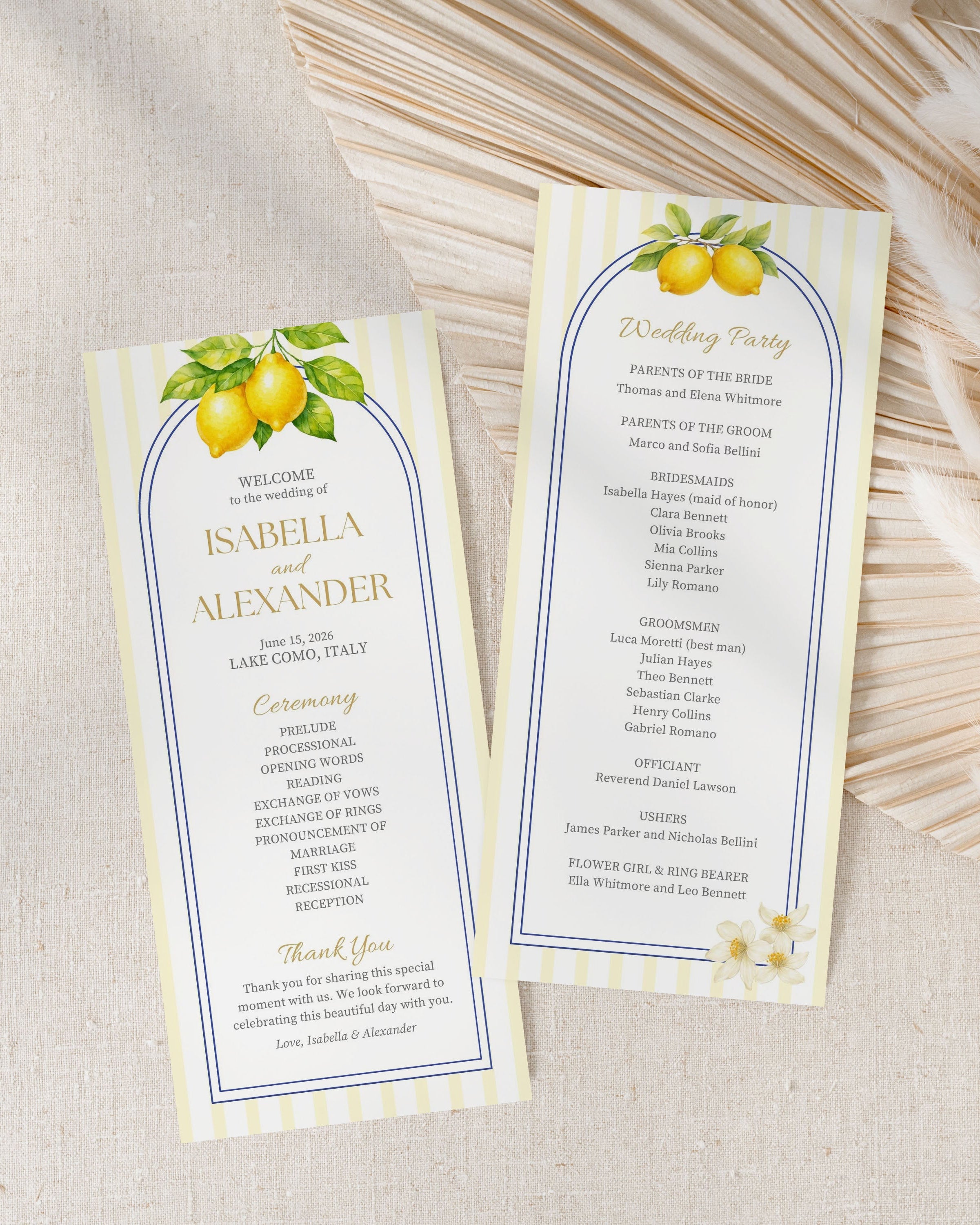 Wedding Program Template: Editable Lemon Ceremony Program (Instant Download)