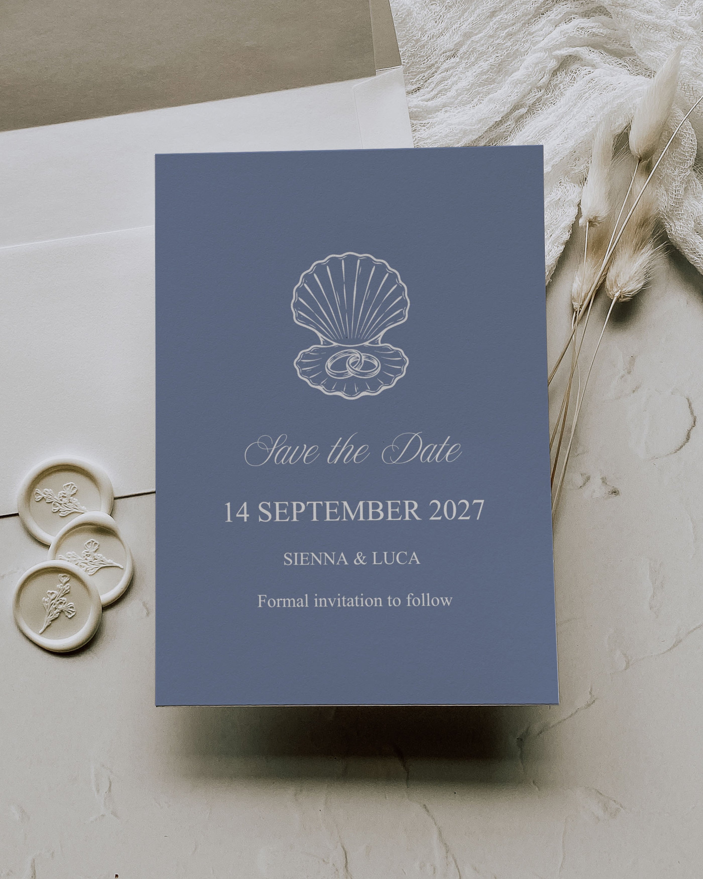 Save the Date Template: Editable Blue Seashell Coastal Wedding Card 013