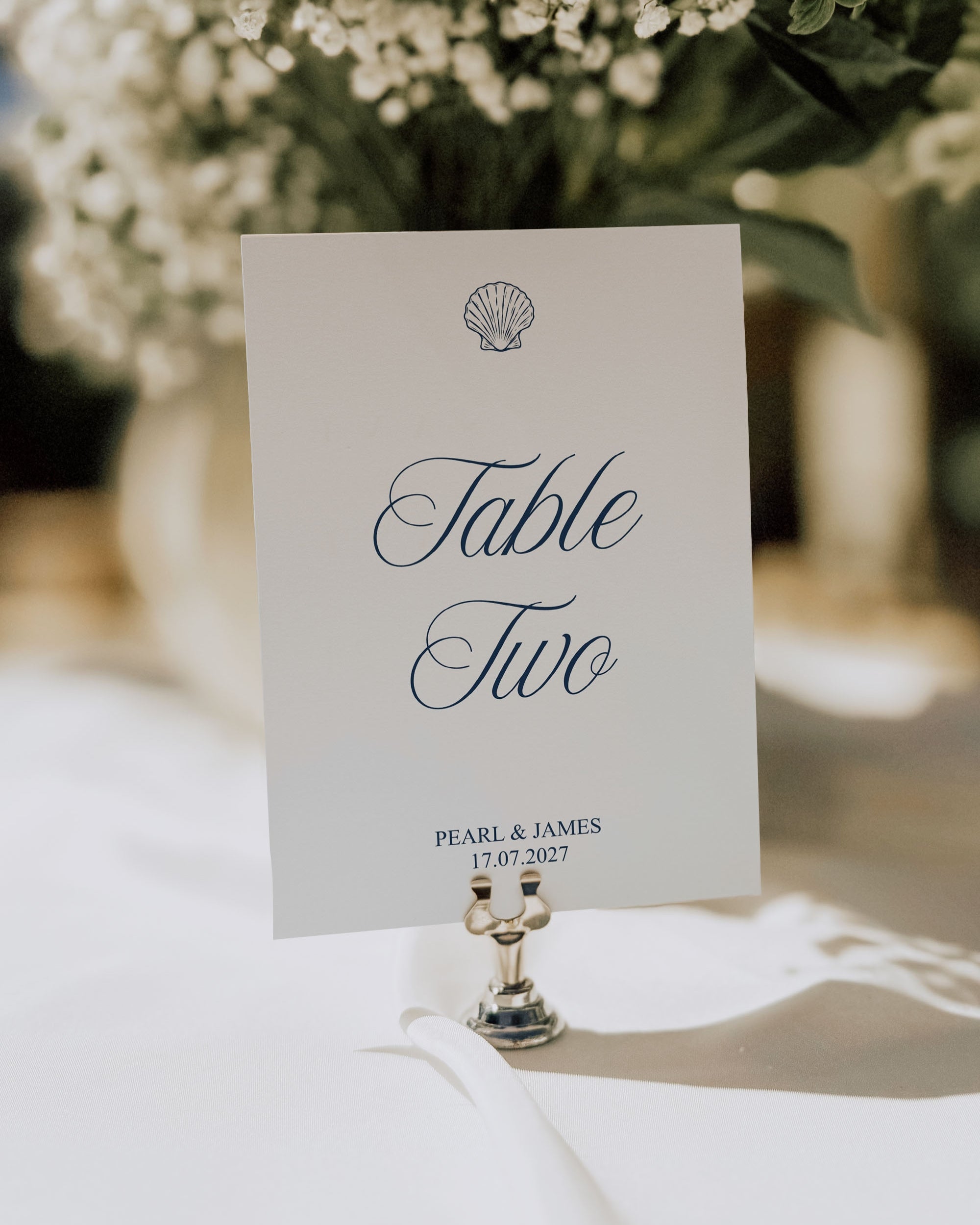 Table Number Template: Blue Seashell Ocean Wedding Table Card 013