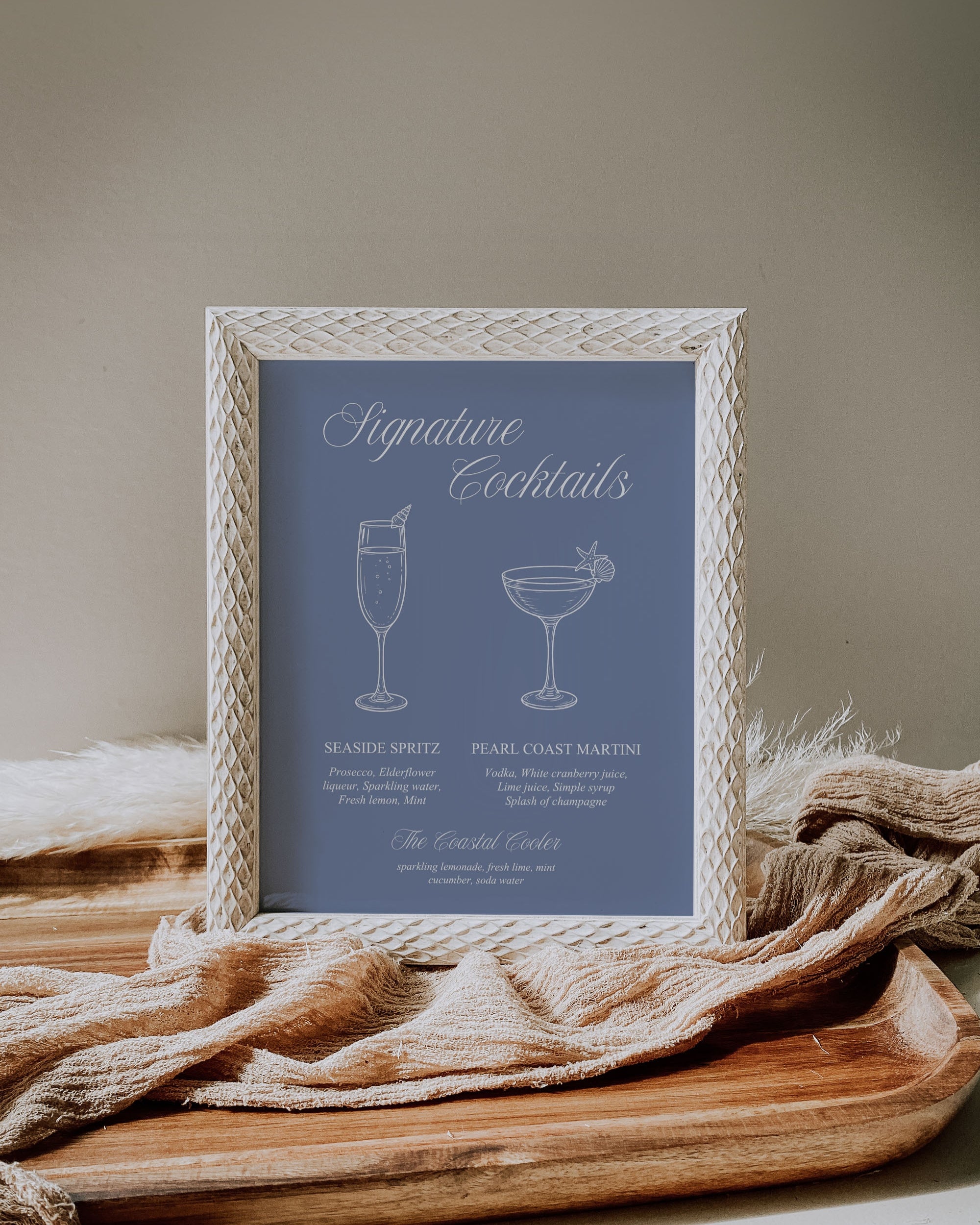Signature Cocktails Sign Template: Blue Seashell Ocean Bar Menu 013