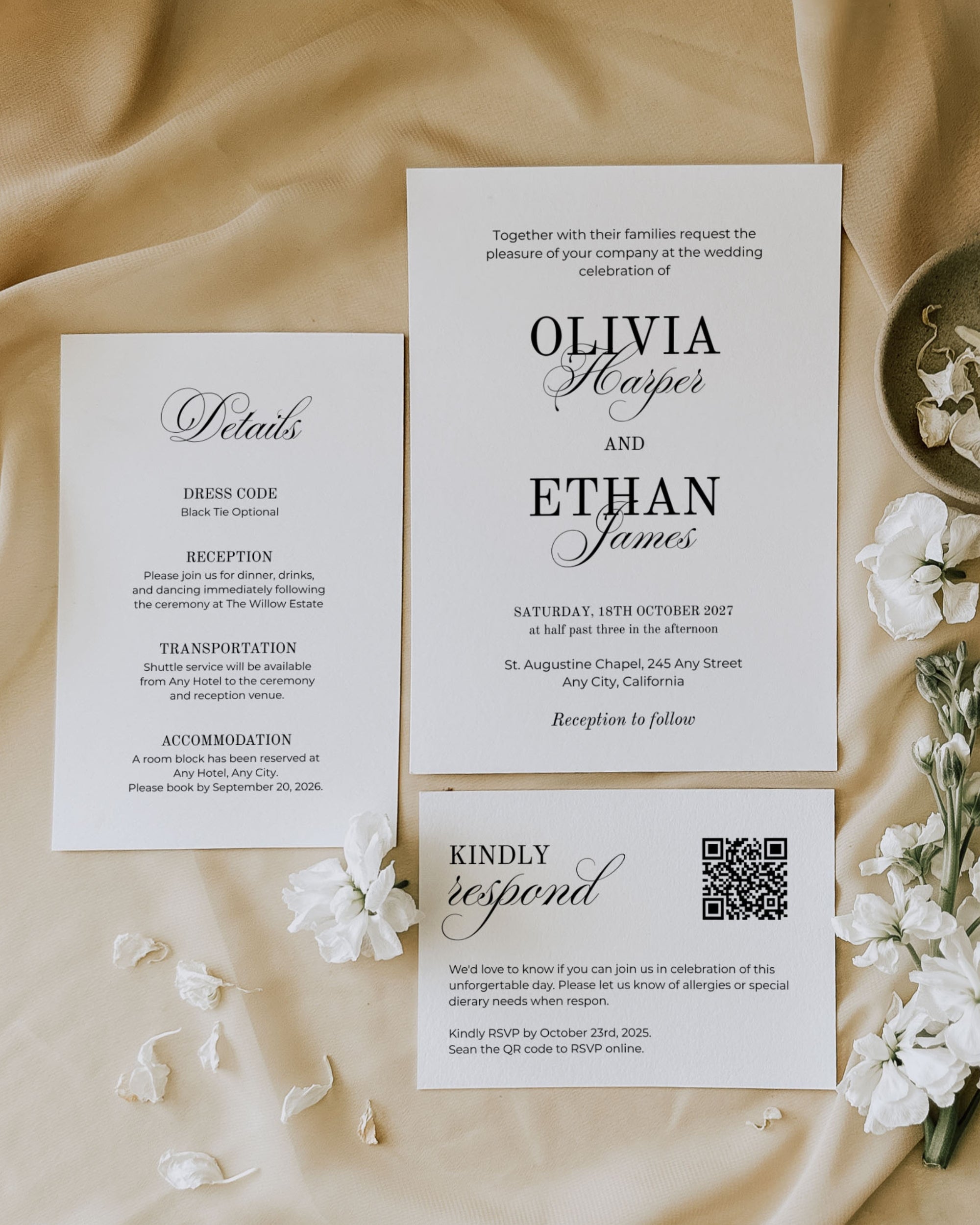 Wedding Invitation Set Template: Editable Minimal Invite Details RSVP Card 011