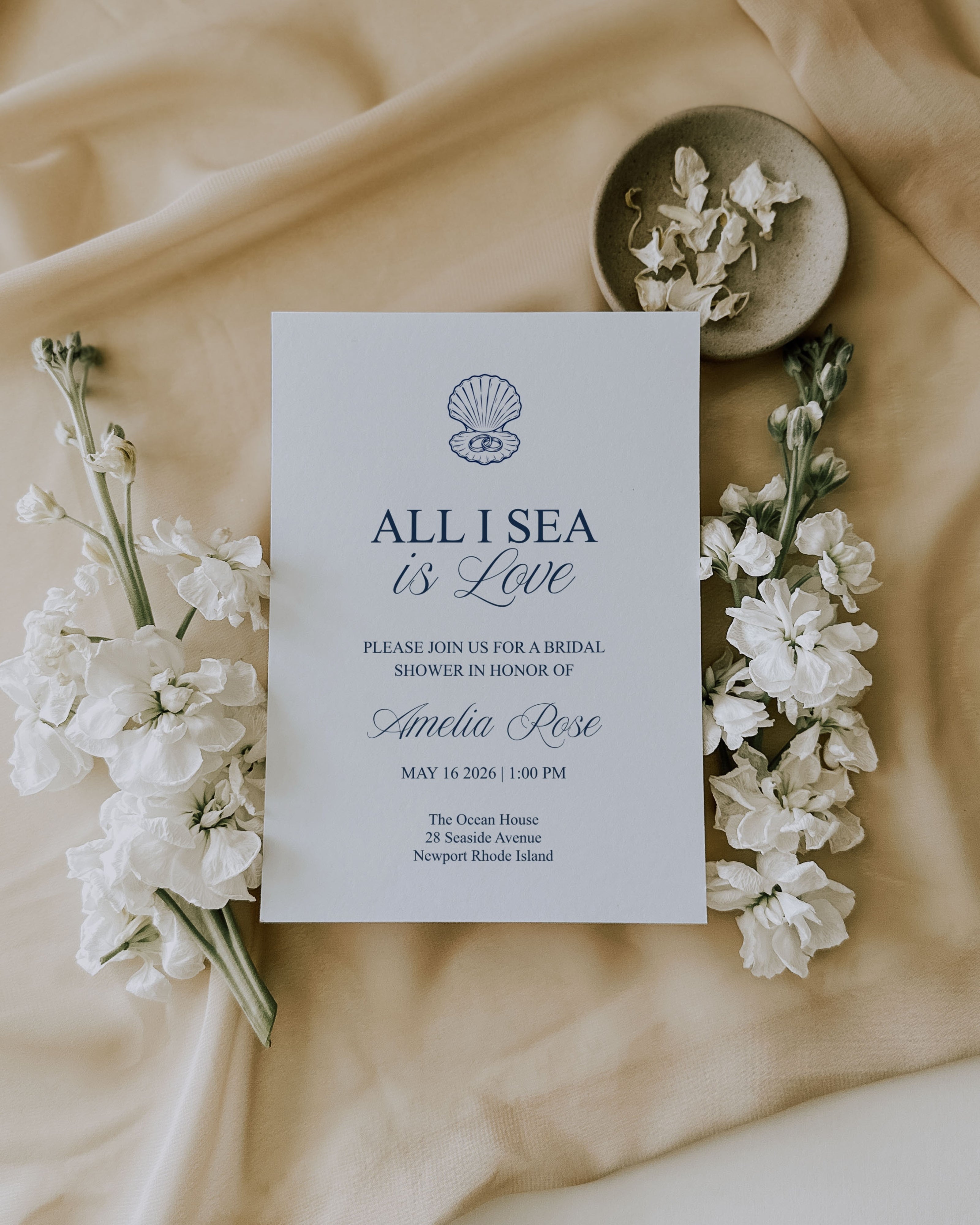 Bridal Shower Invitation Template: Editable Blue Seashell Coastal Ocean Card 013