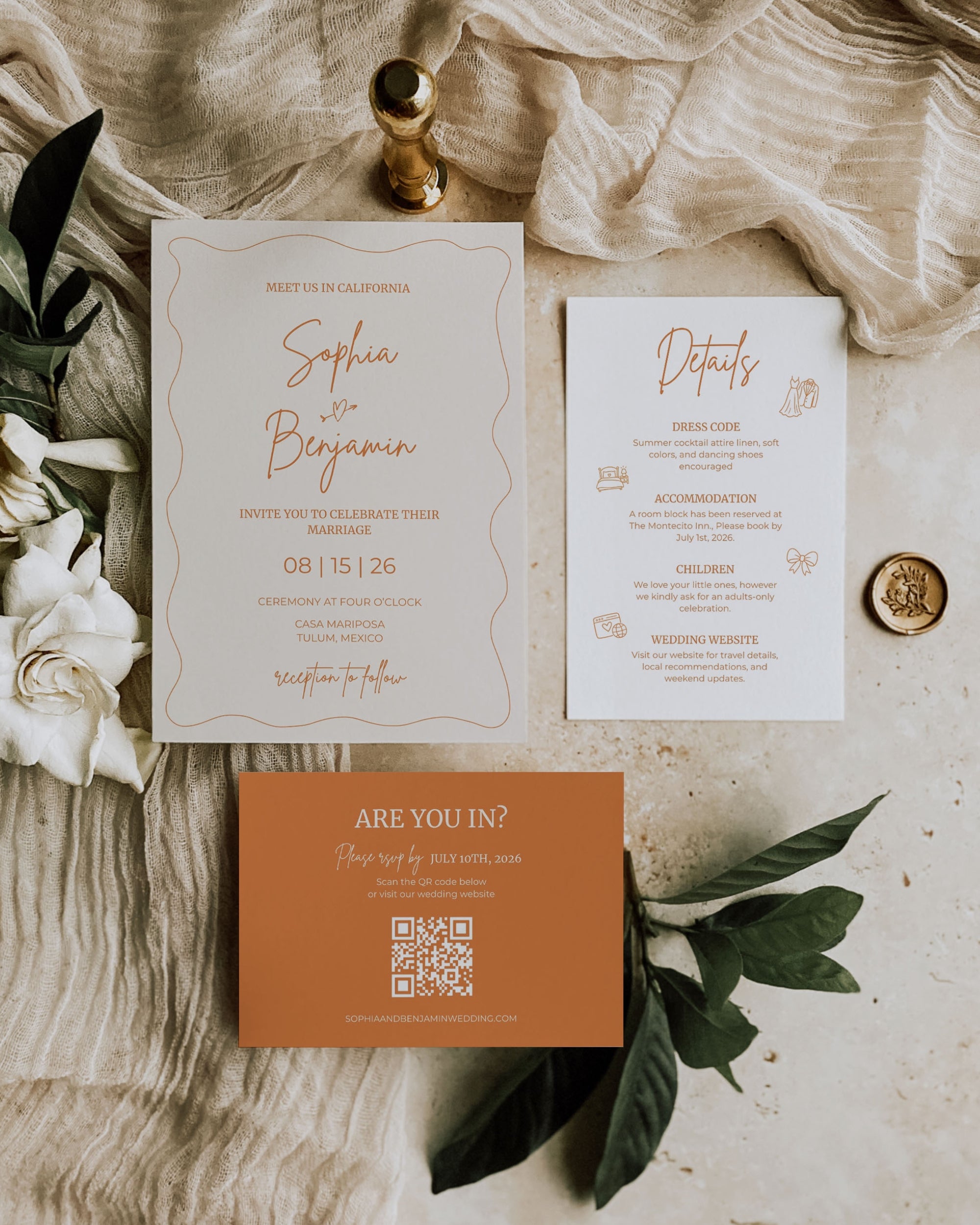 Orange Modern Wedding Invitation Suite Template 012