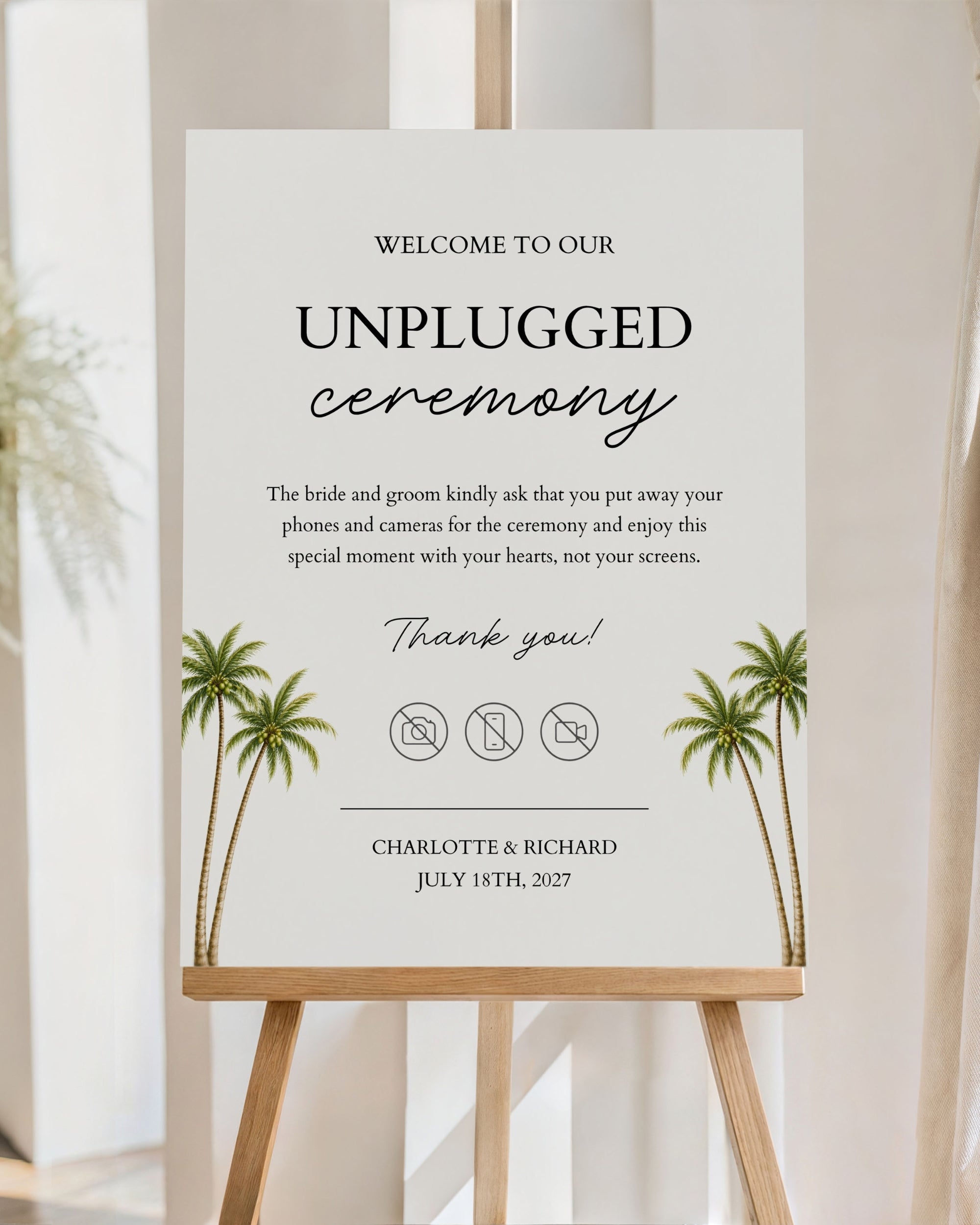 Unplugged Ceremony Sign Template: Editable Tropical Wedding Phone Sign
