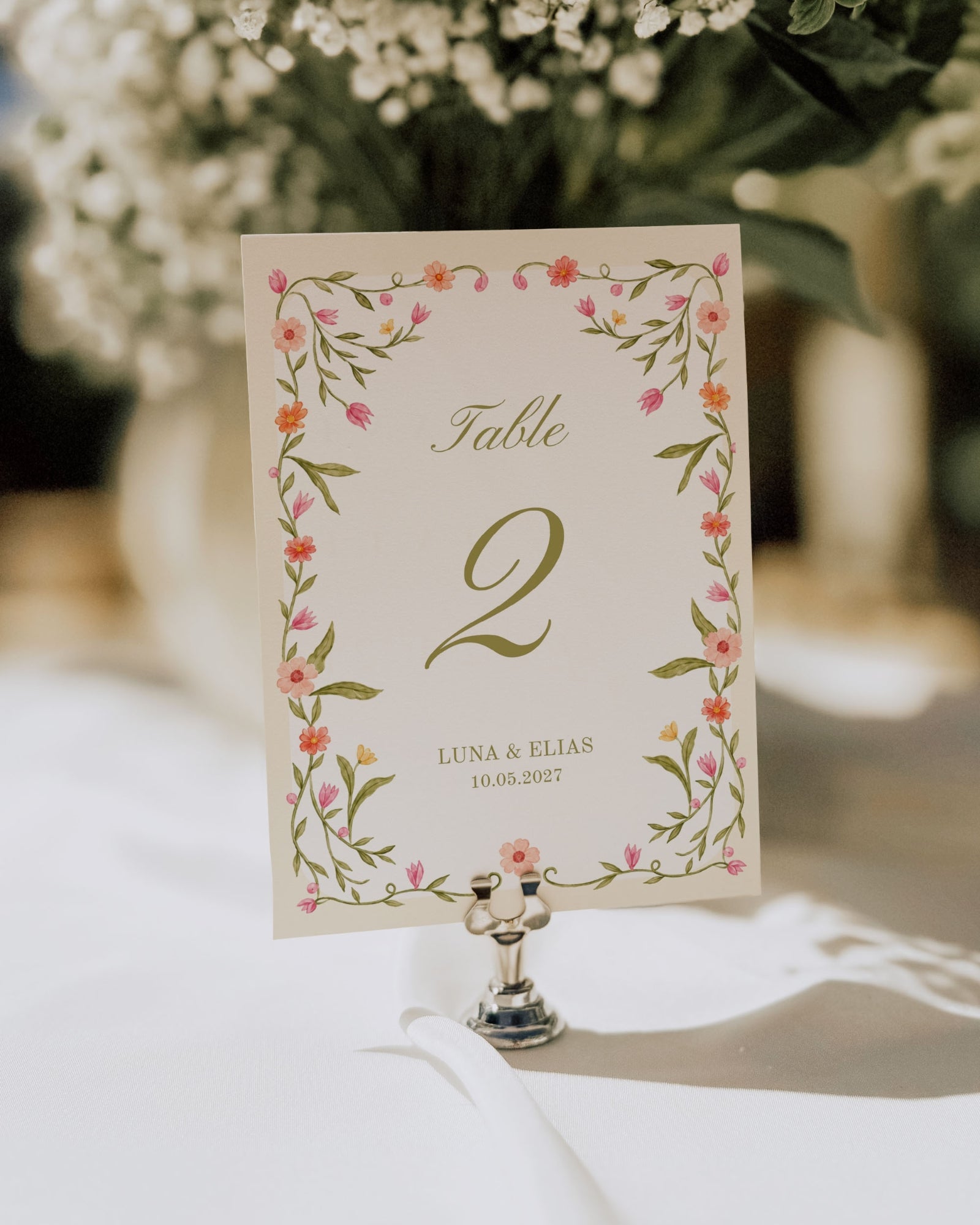 Floral Table Number Template: Editable Garden Wedding Table Card 014