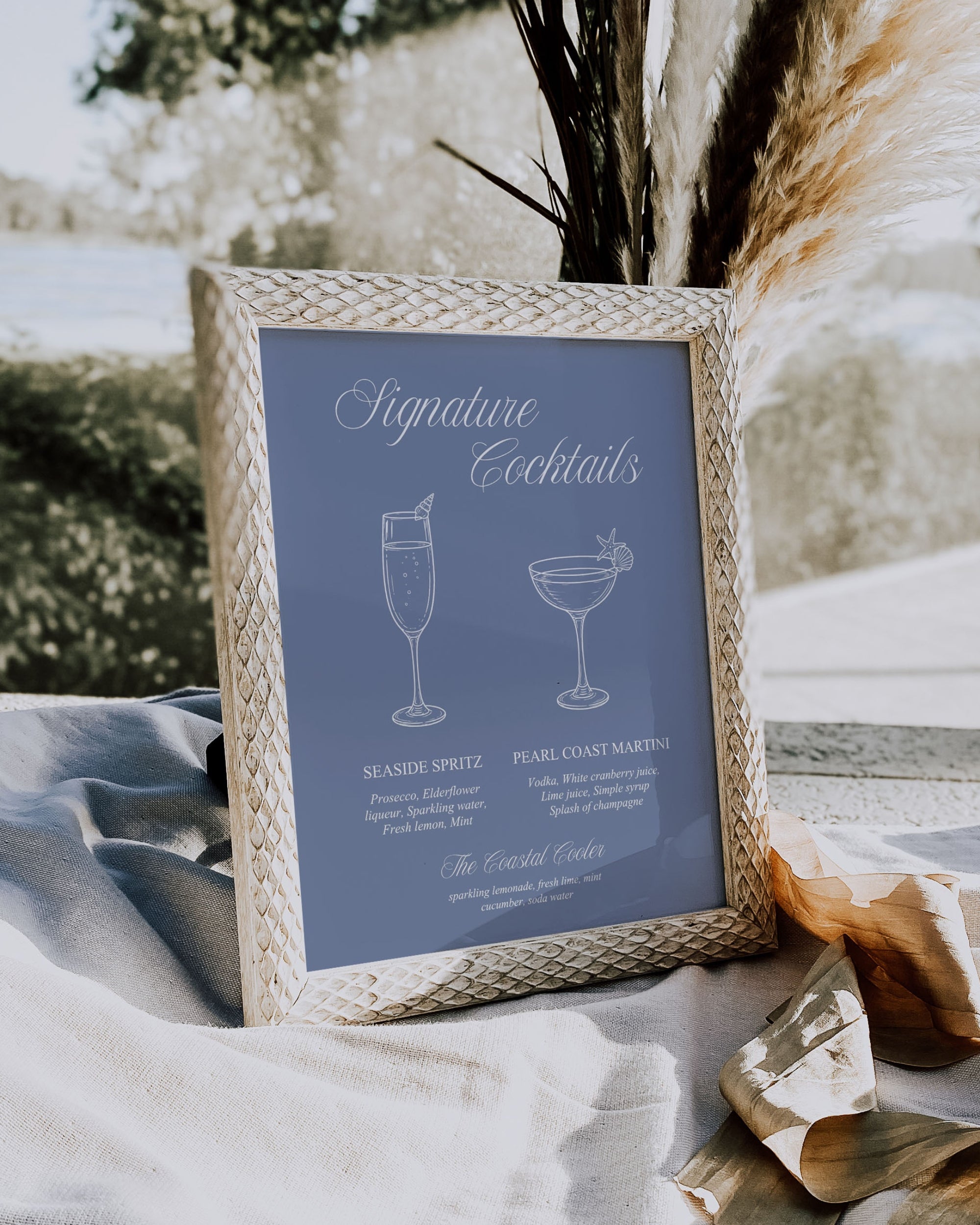 Signature Cocktails Sign Template: Blue Seashell Ocean Bar Menu 013