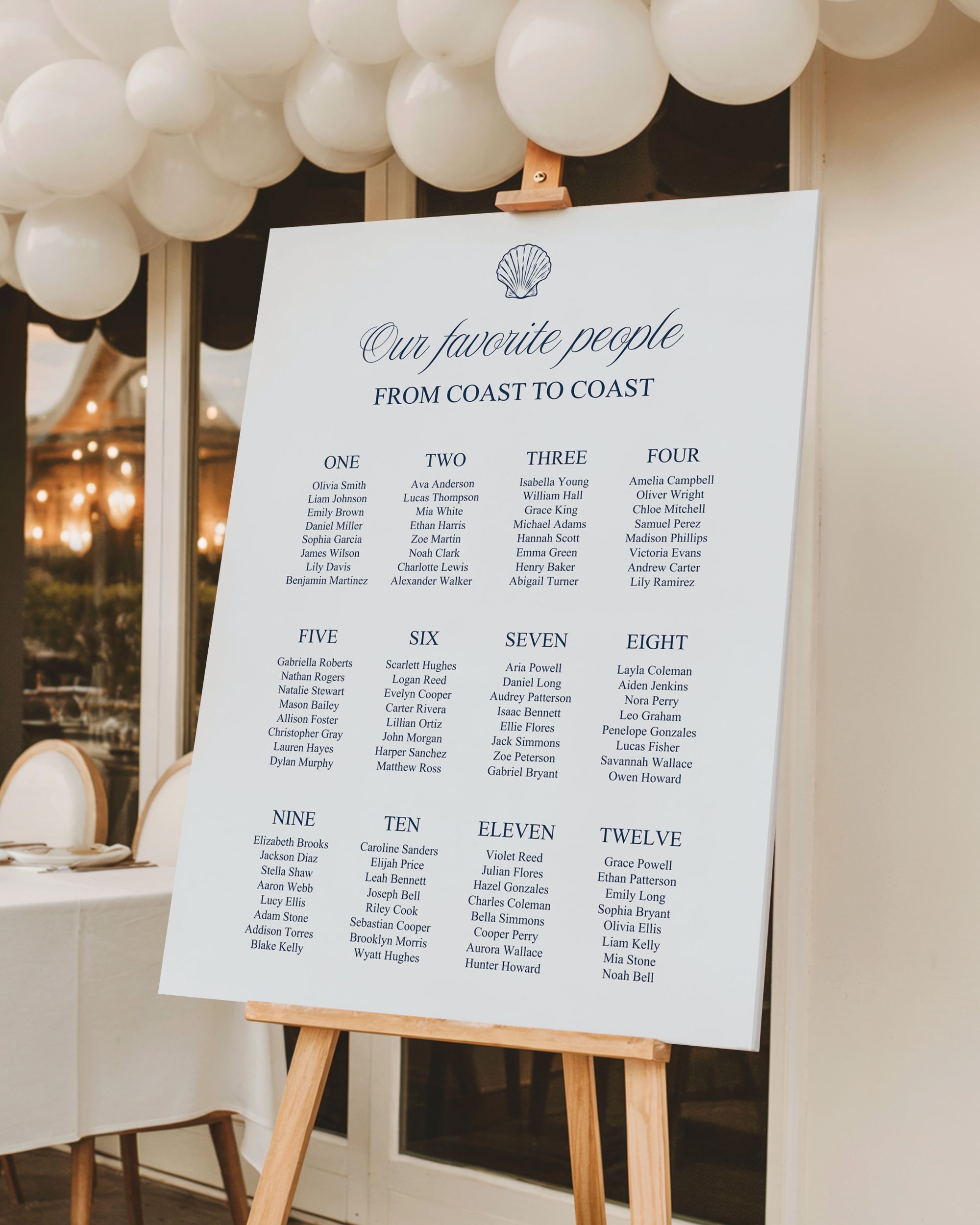 Seating Chart Template: Blue Seashell Ocean Wedding Seating Sign 013