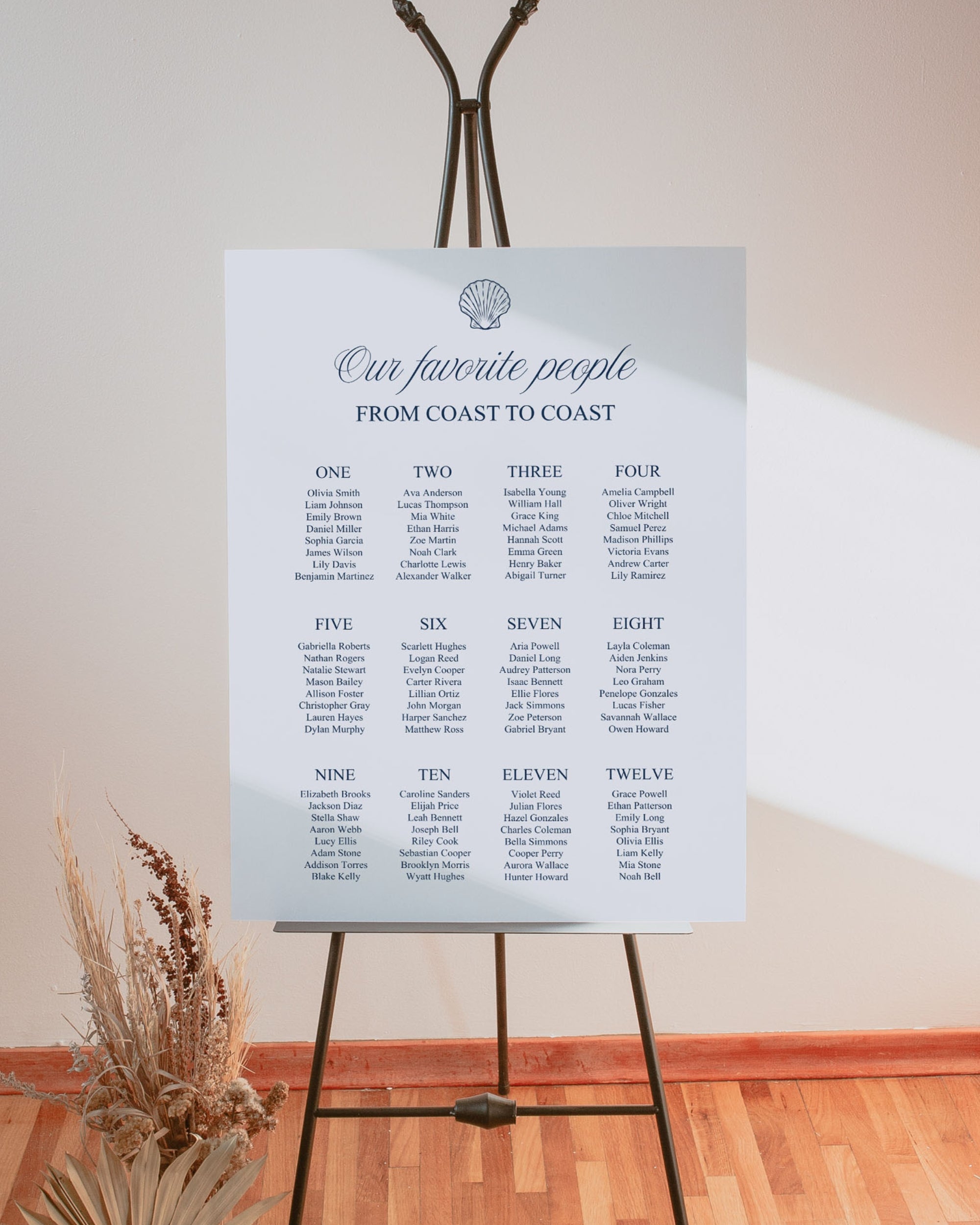 Seating Chart Template: Blue Seashell Ocean Wedding Seating Sign 013
