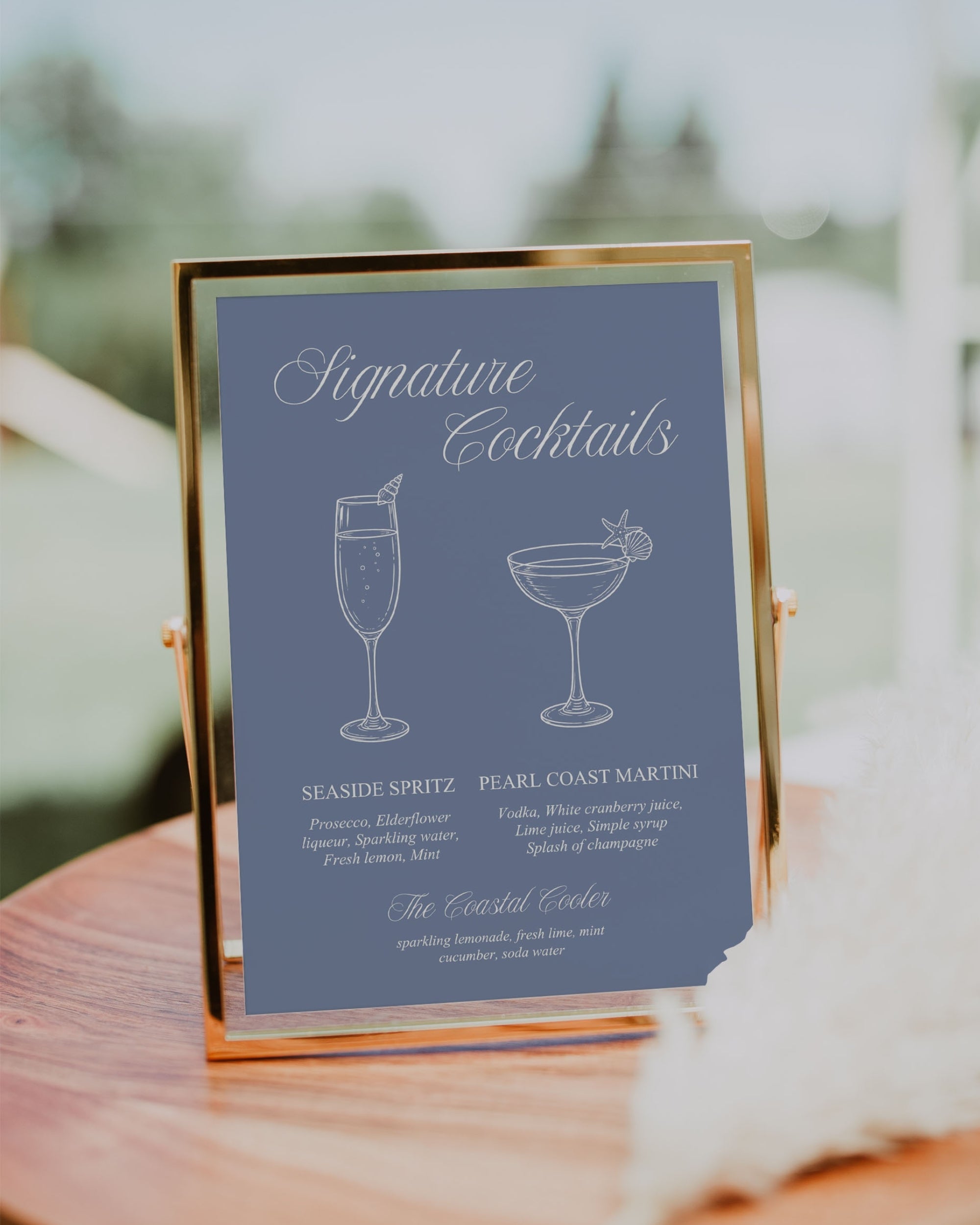 Signature Cocktails Sign Template: Blue Seashell Ocean Bar Menu 013