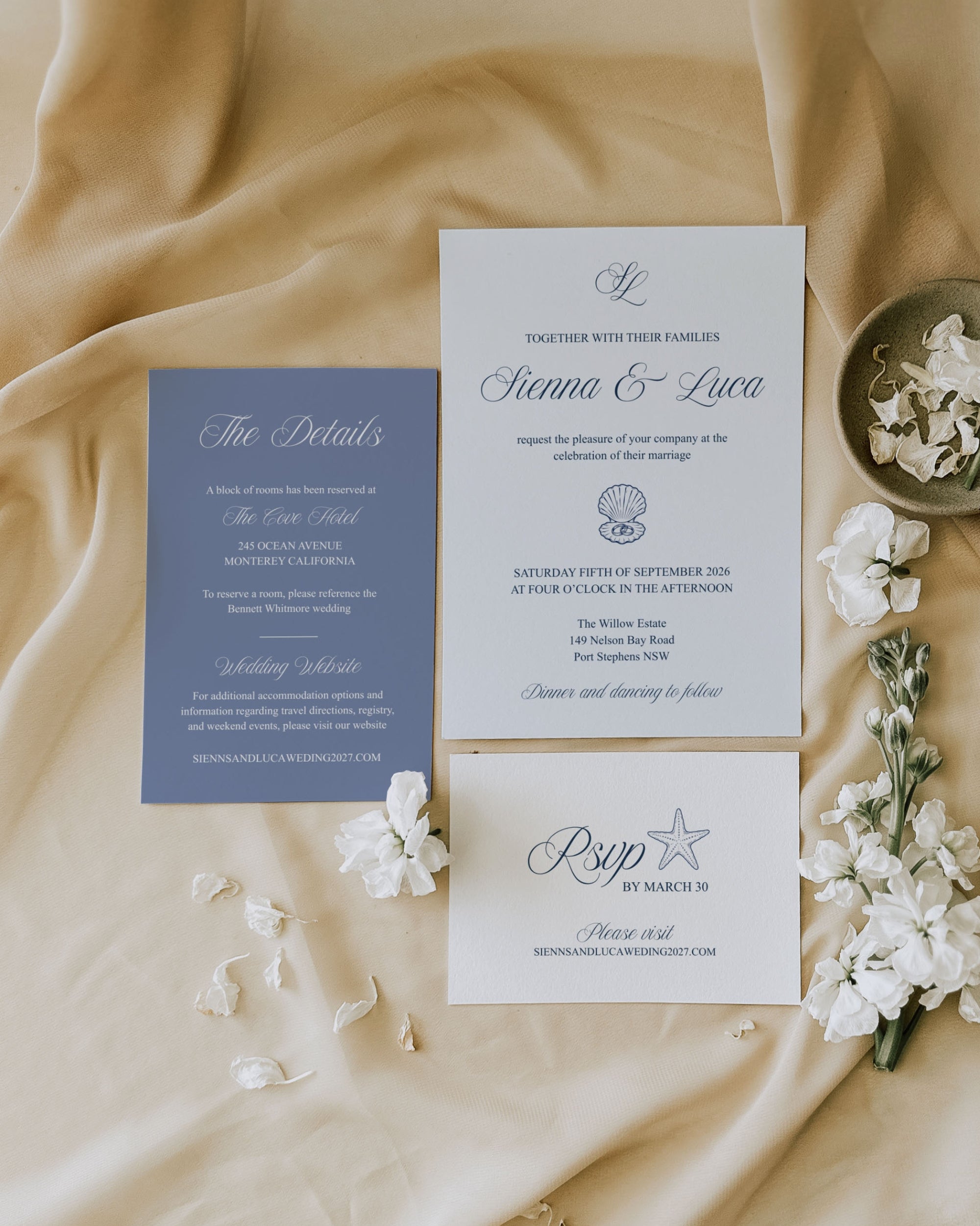 Wedding Invitation Suite Template: Blue Seashell Ocean Invite Set 013