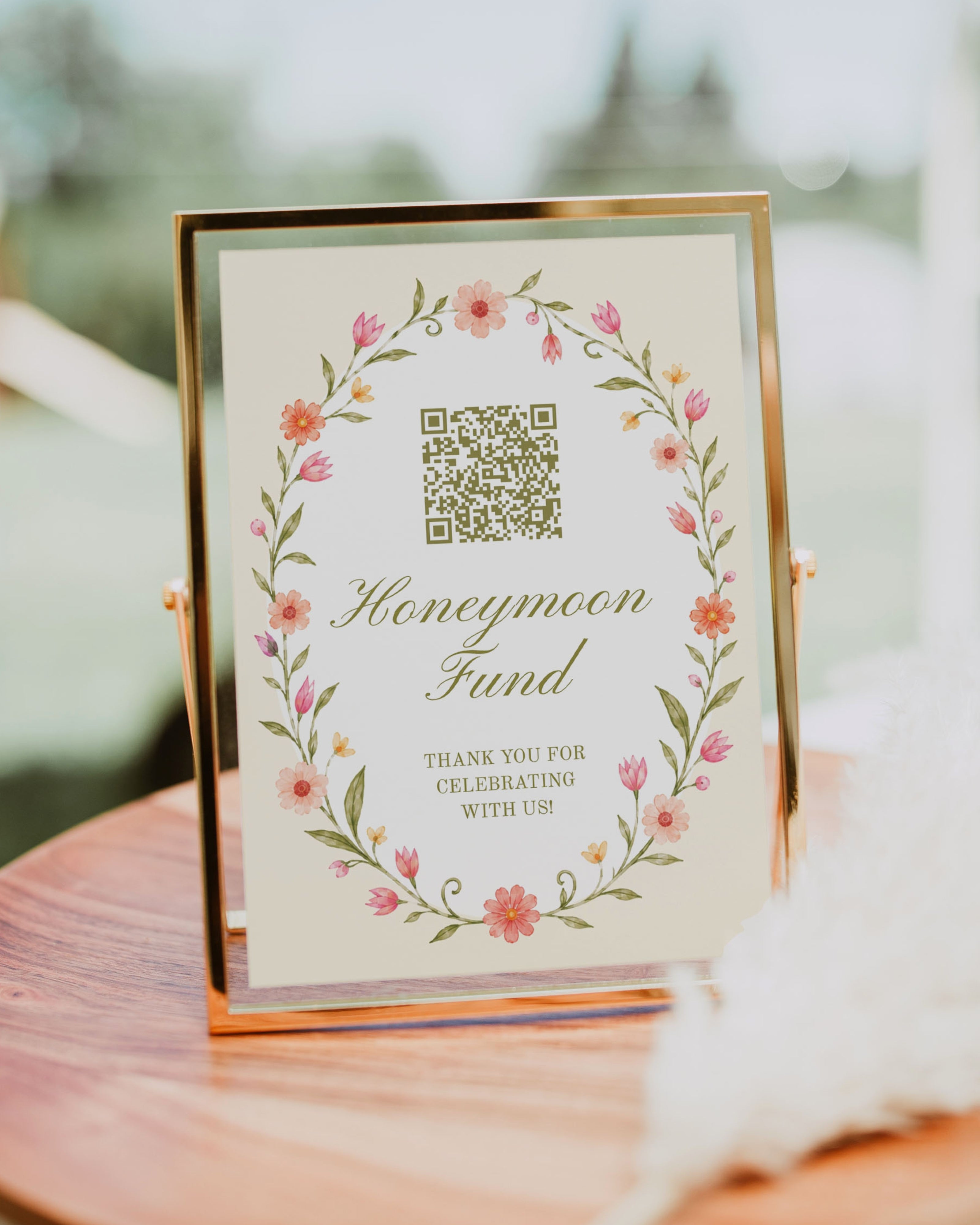 Honeymoon Fund Sign Template: Editable Floral Wedding QR Code Sign 014