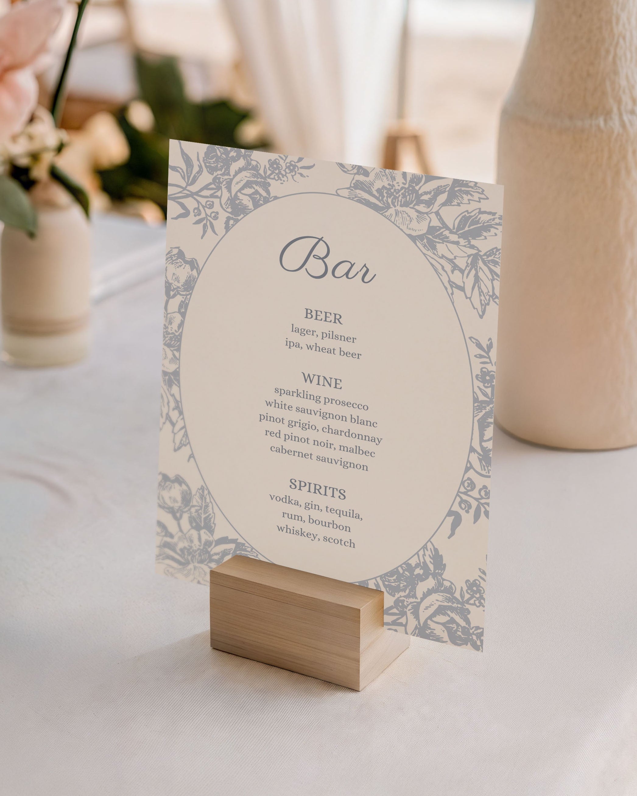 wedding bar menu template editable drink menu sign printable wedding bar sign elegant floral bar menu canva template blue wedding signage wine beer spirits menu instant download