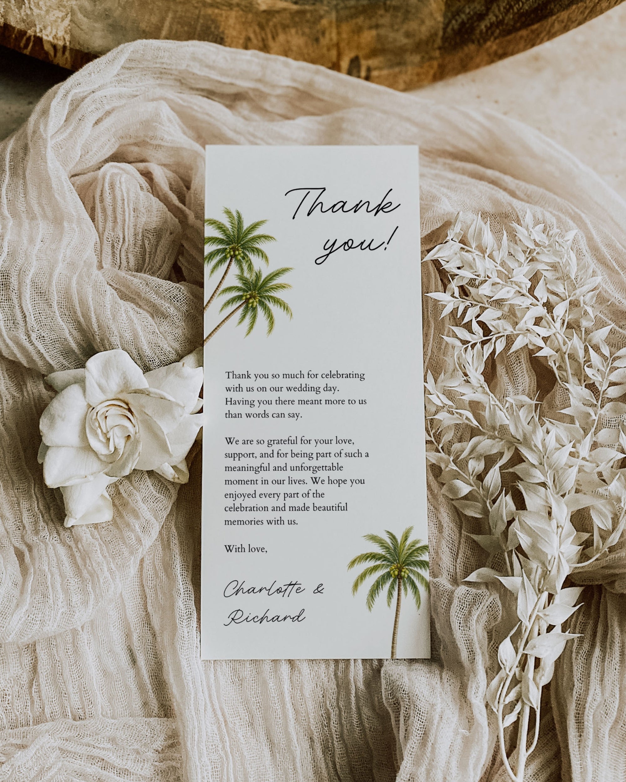 Wedding Thank You Card Template: Editable Tropical Palm Tree Thank You Note