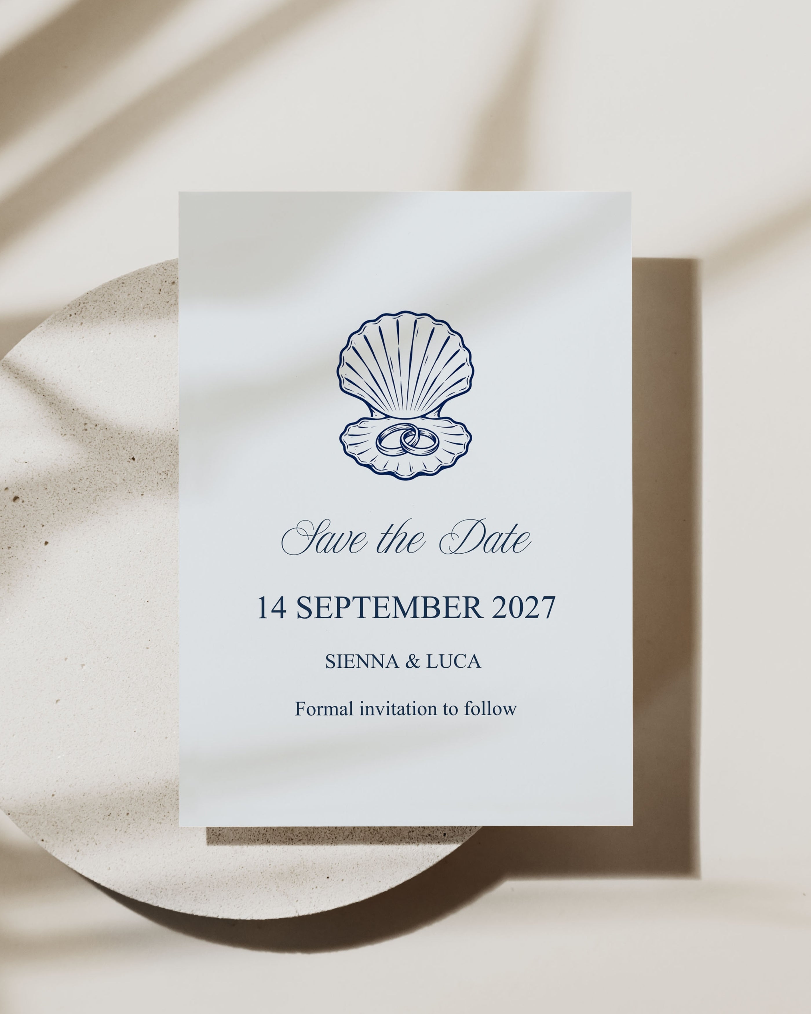 Save the Date Template: Editable Blue Seashell Coastal Wedding Card 013