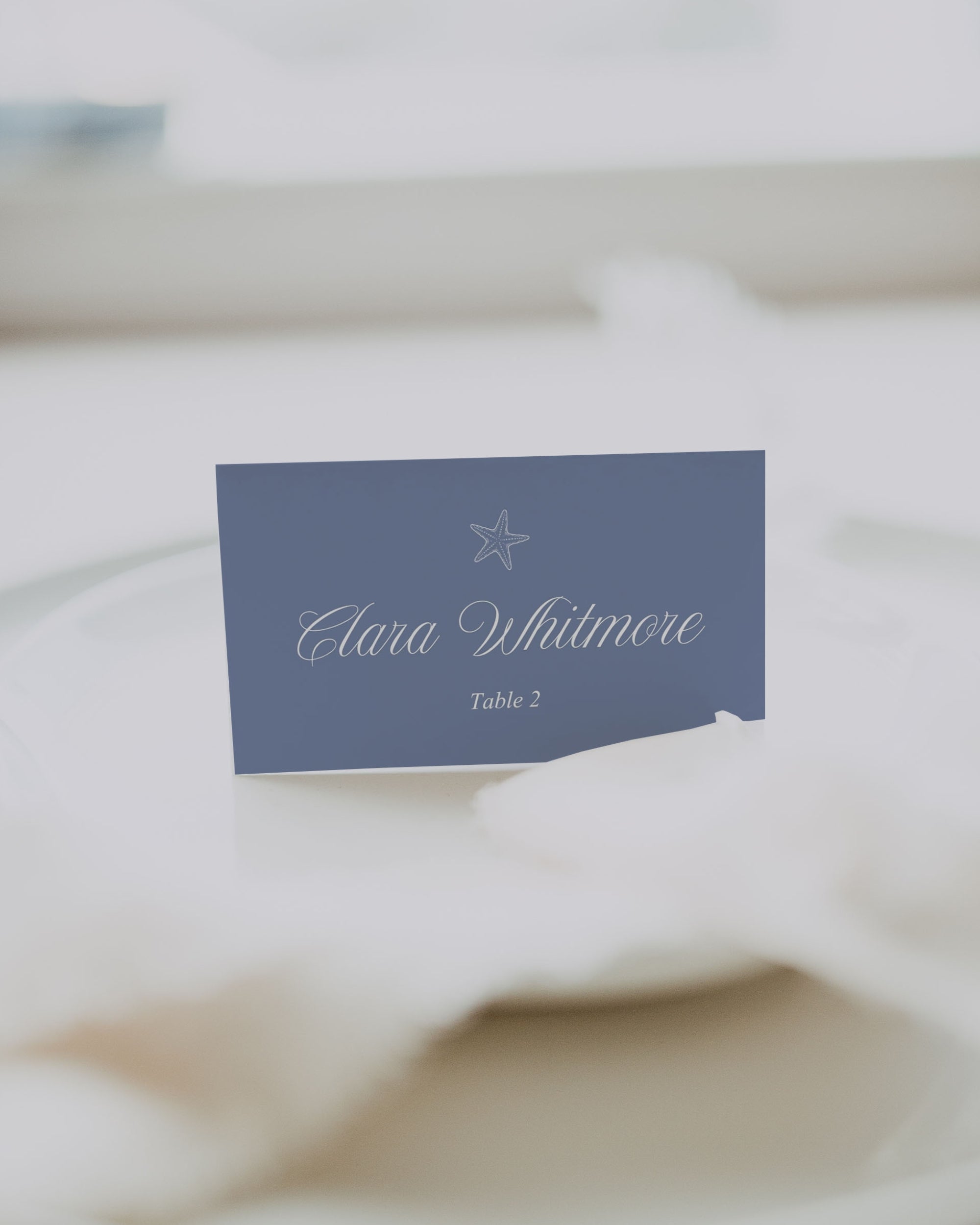 Place Card Template: Blue Seashell Ocean Wedding Name Card 013