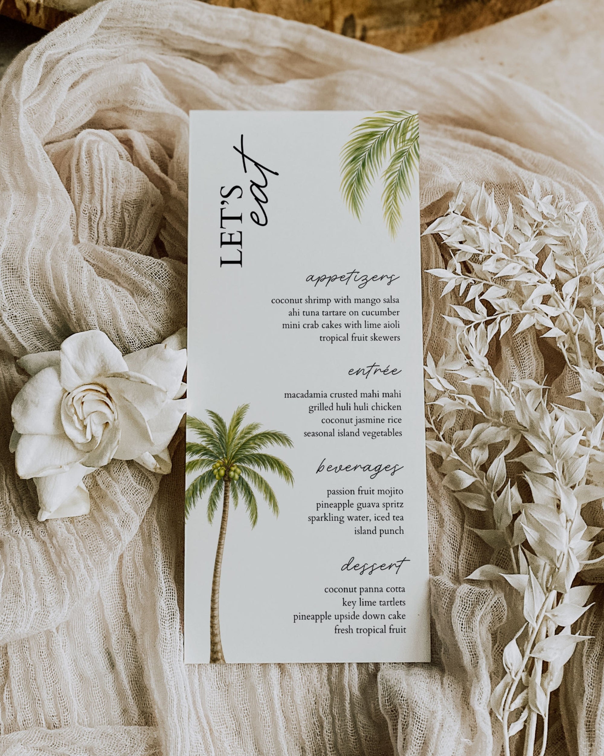 Wedding Dinner Menu Template: Editable Tropical Palm Tree Menu Card