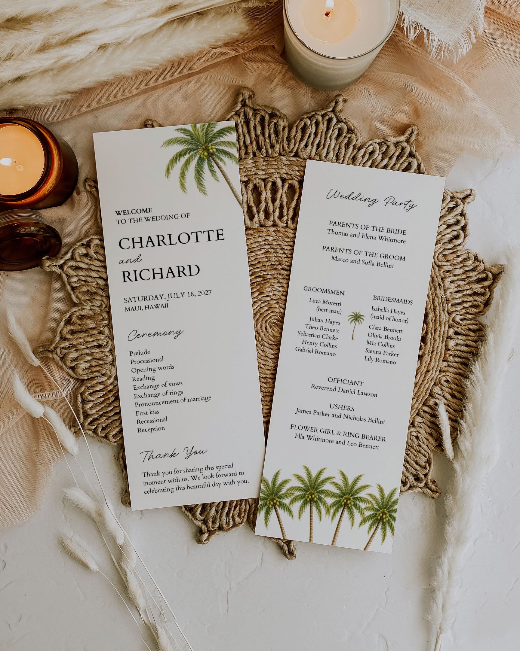 Tropical Wedding Program Template: Editable Palm Tree Ceremony Program Card (Instant Download)