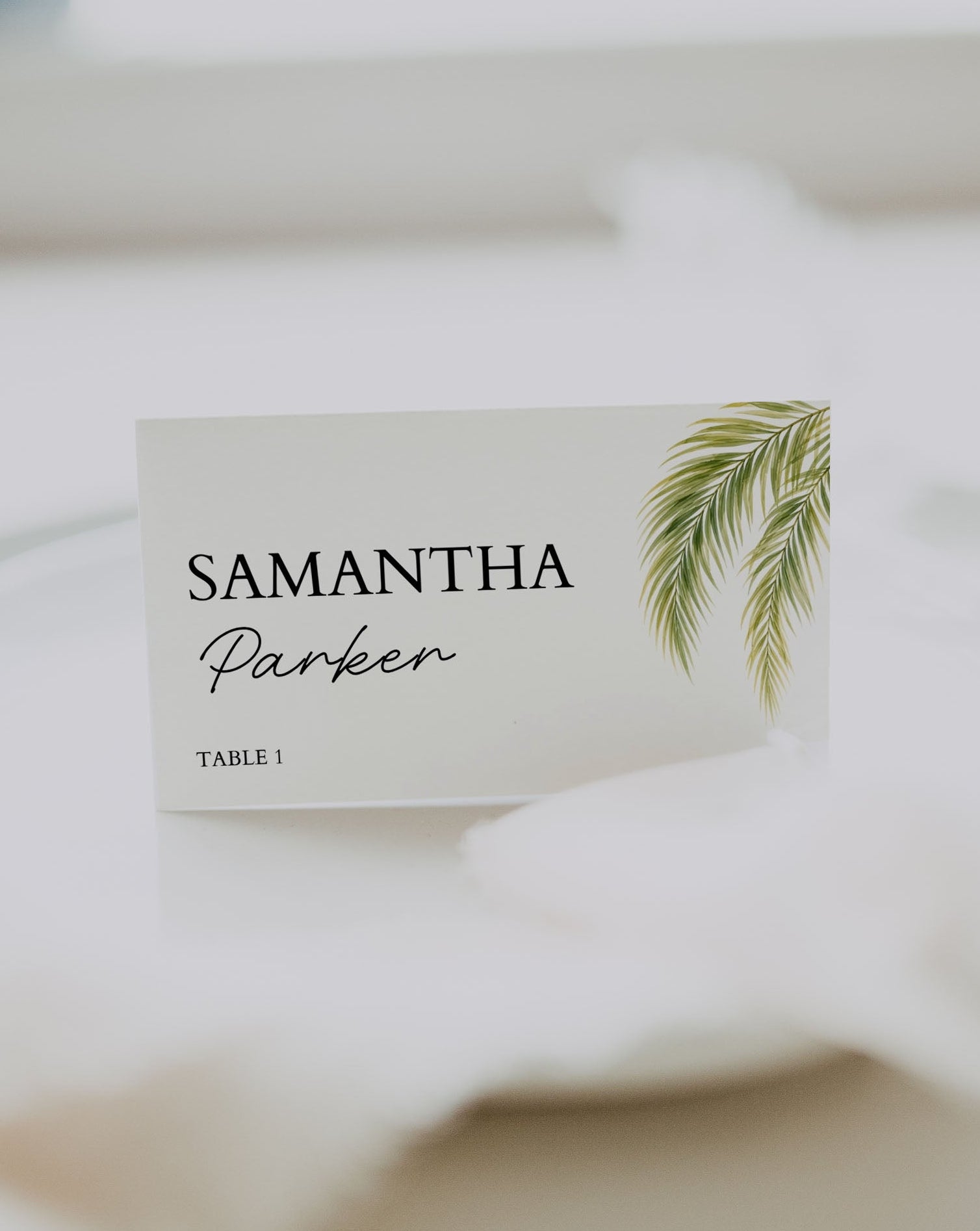 Tropical Place Card Template: Editable Palm Leaf Wedding Name Card (Instant Download)