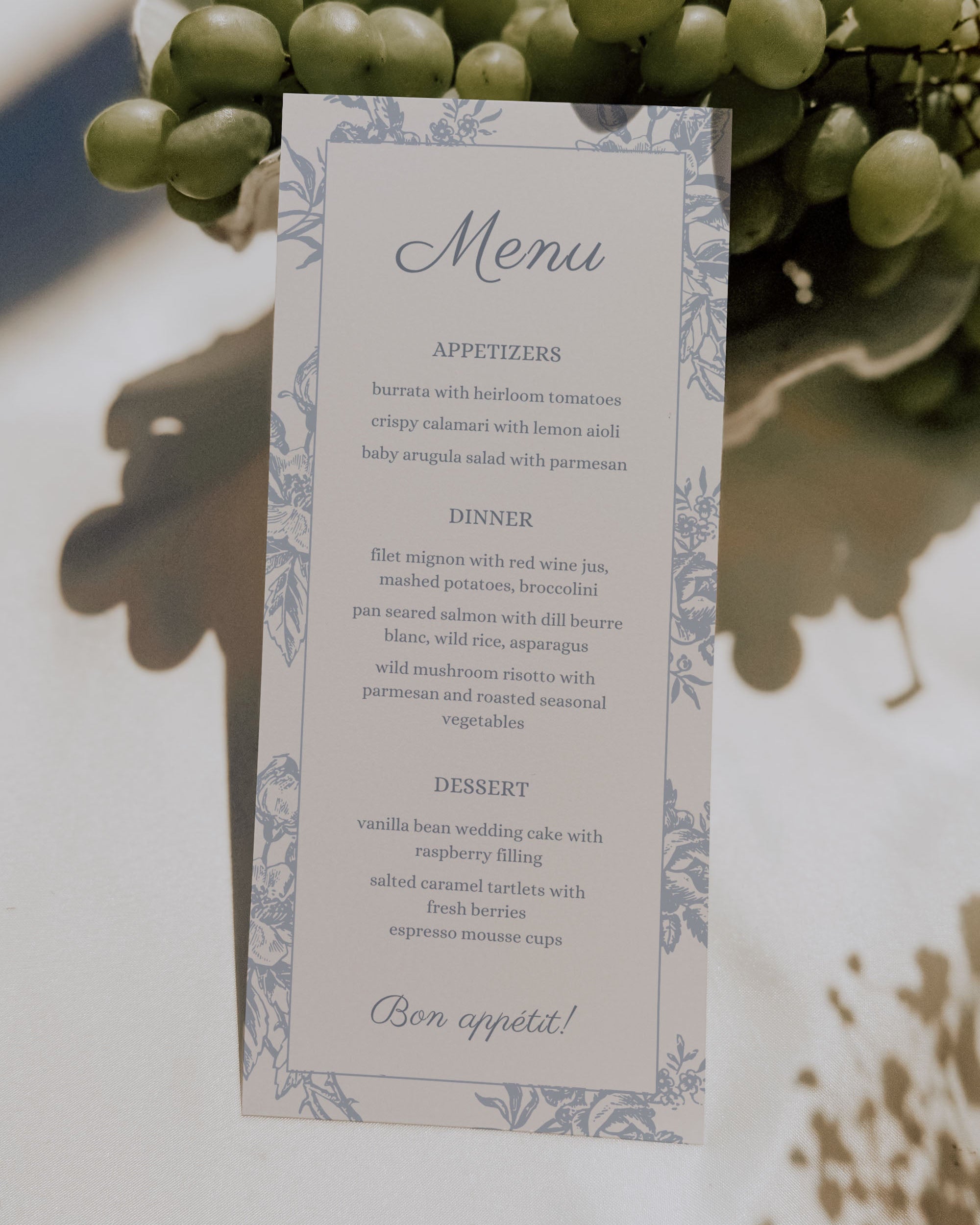 Wedding menu template printable, elegant floral wedding menu card, reception dinner menu sign, vintage blue wedding menu design, formal wedding table menu printable, classic romantic wedding stationery, customizable wedding dinner menu, minimalist wedding menu card template, Canva editable wedding template instant download, printable wedding reception menu sign.