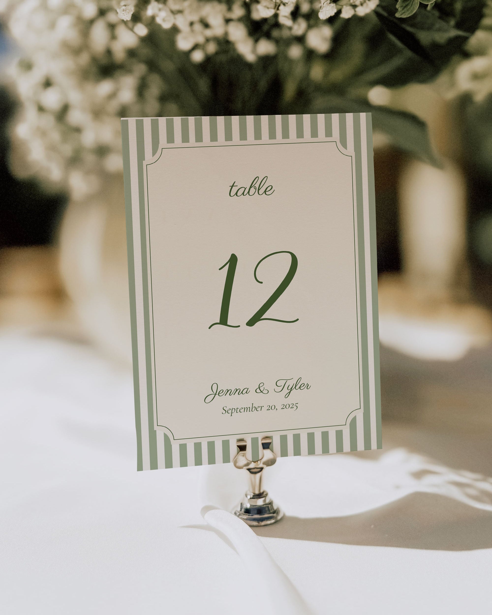 Wedding Table Number Template: Editable Green Stripe Table Sign (Instant Download) 
