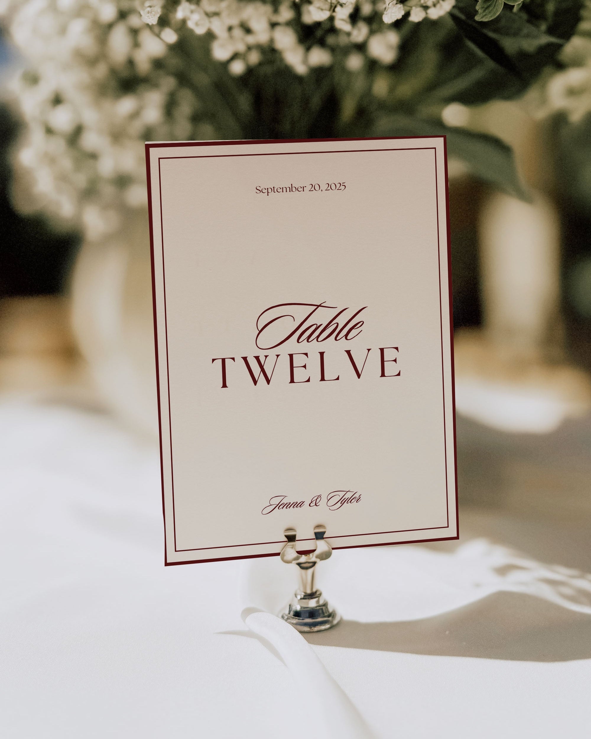 Wedding Table Number Template: Editable Burgundy Table Sign Card (Instant Download) 