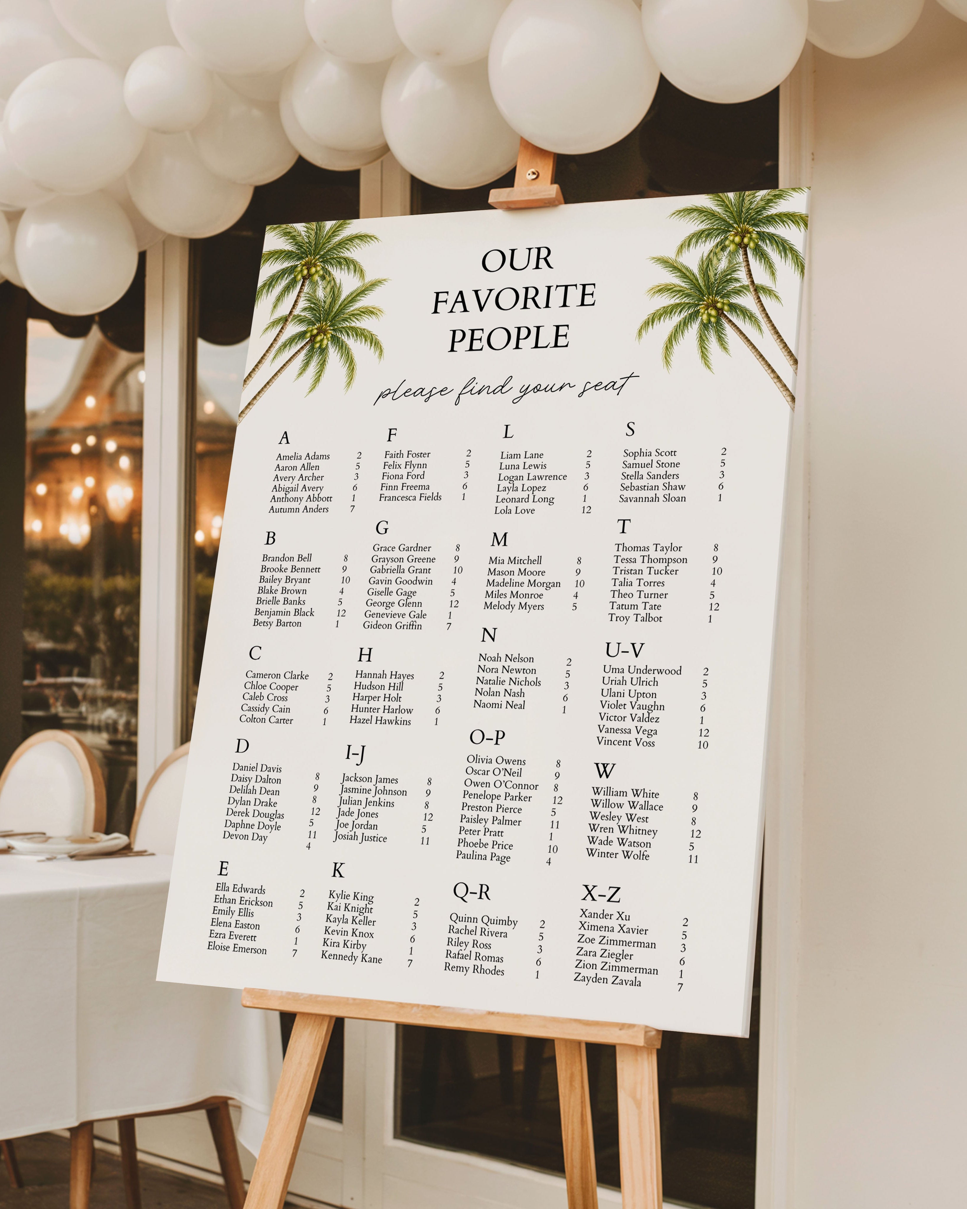 Alphabetical Wedding Seating Chart Template: Editable Tropical Table Plan (Instant Download) 
