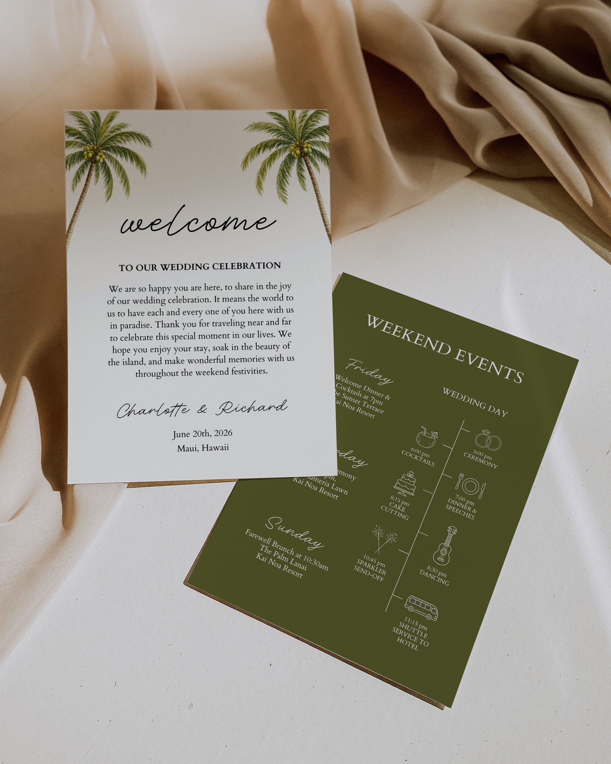 Wedding Timeline Template: Editable Tropical Weekend Program Card (Instant Download)