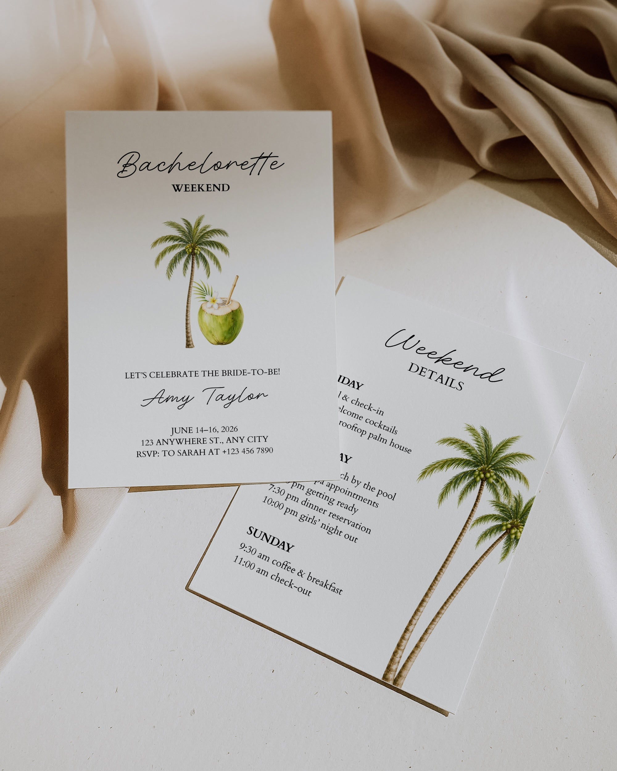 Bachelorette Weekend Invitation Template: Editable Tropical Bachelorette Itinerary Card