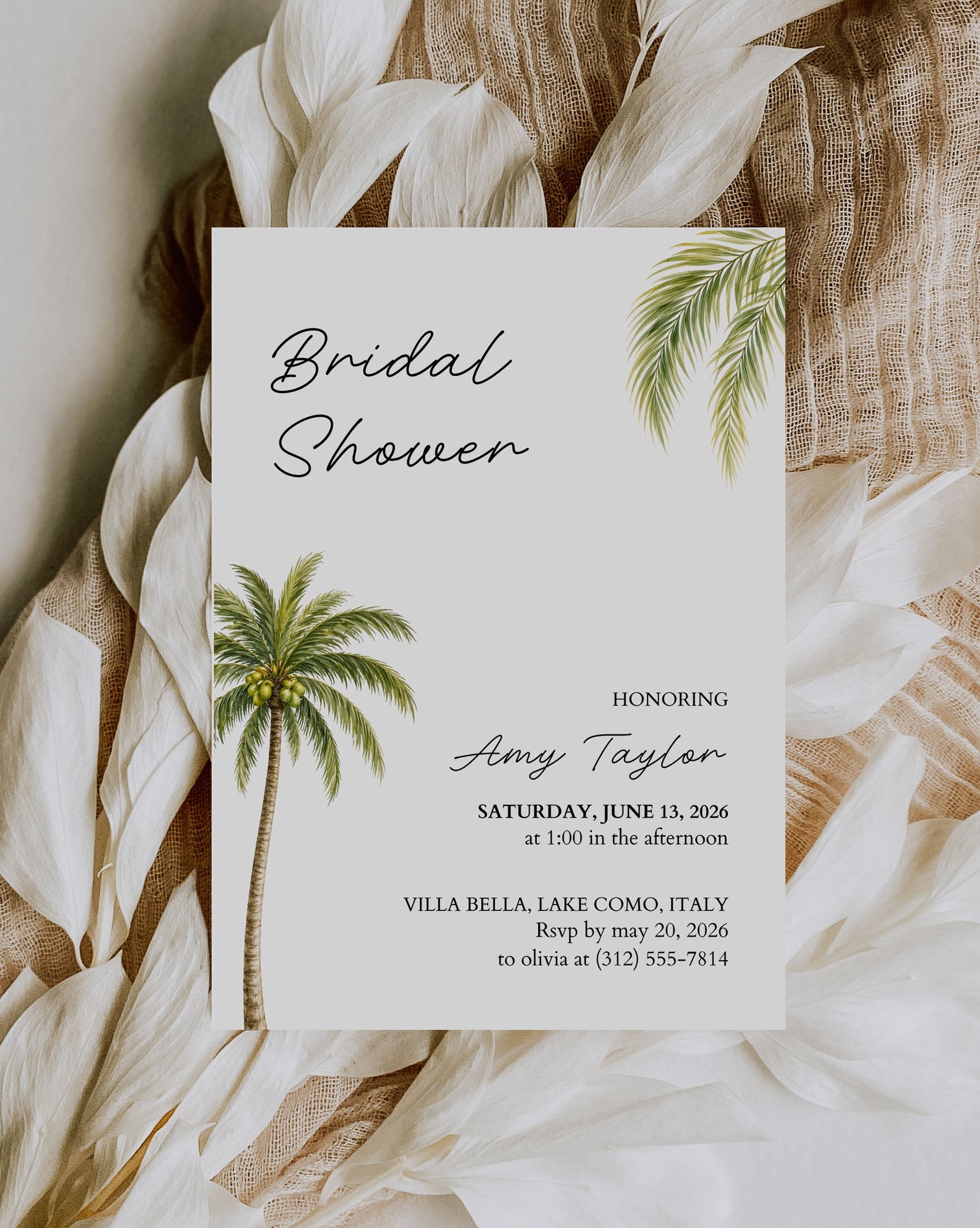 Tropical Bridal Shower Invitation Template: Editable Palm Tree Shower Invite (Instant Download)
