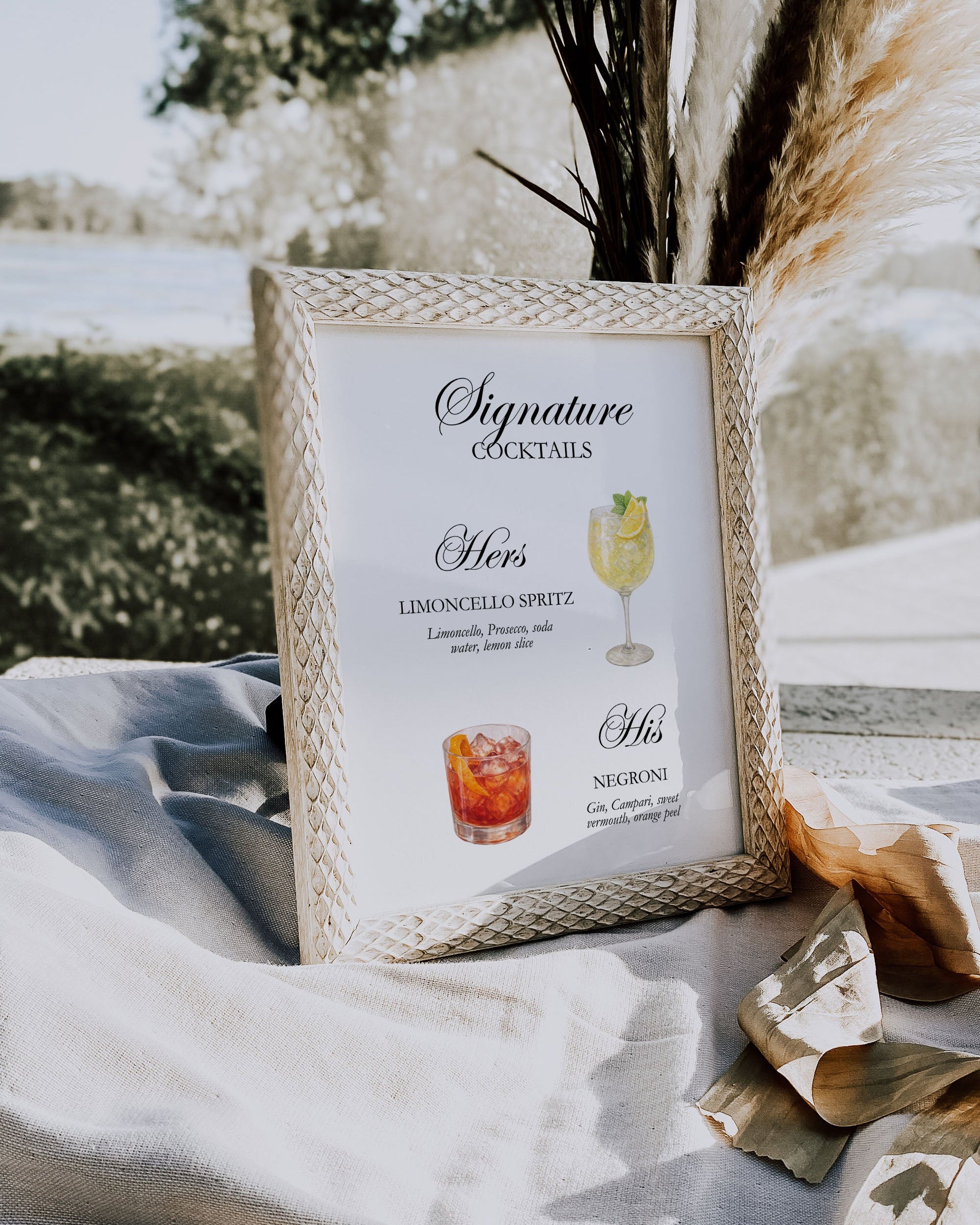 signature cocktails wedding sign template his and hers drink menu limoncello spritz negroni editable printable wedding bar sign elegant wedding decor instant download canva template