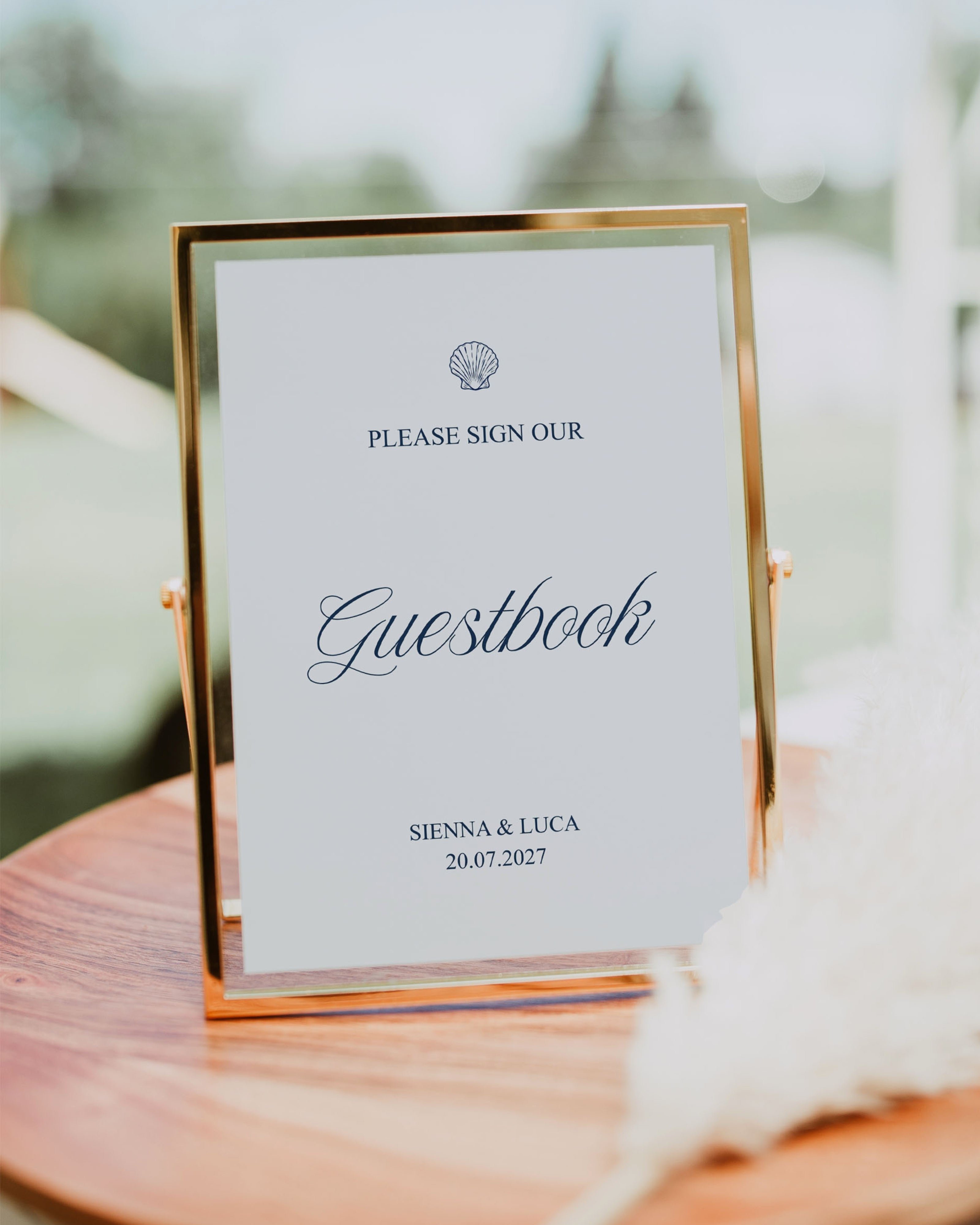 Guestbook Wedding Sign Template: Editable Blue Seashell Coastal Wedding Sign 013