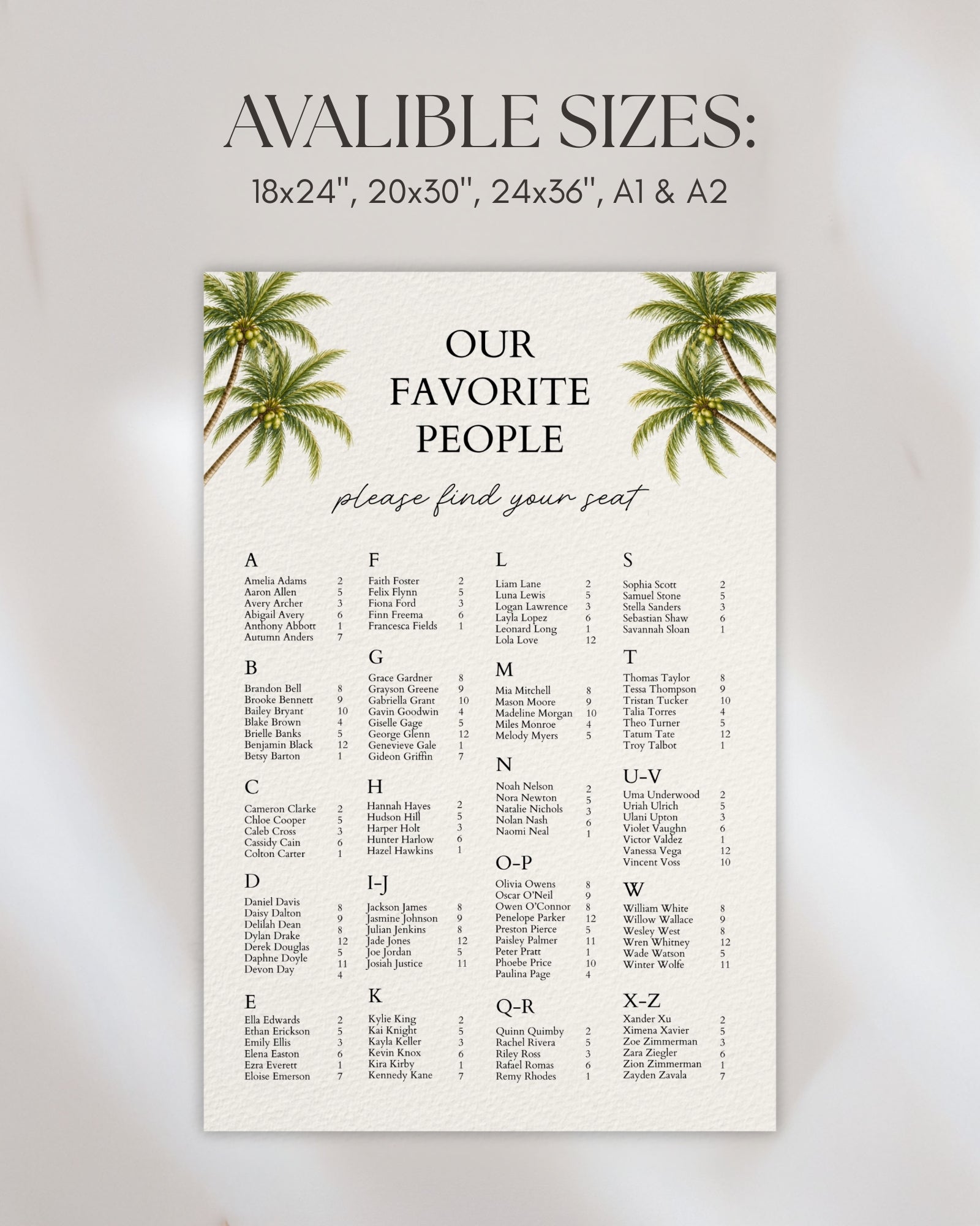 Alphabetical Wedding Seating Chart Template: Editable Tropical Table Plan (Instant Download)
