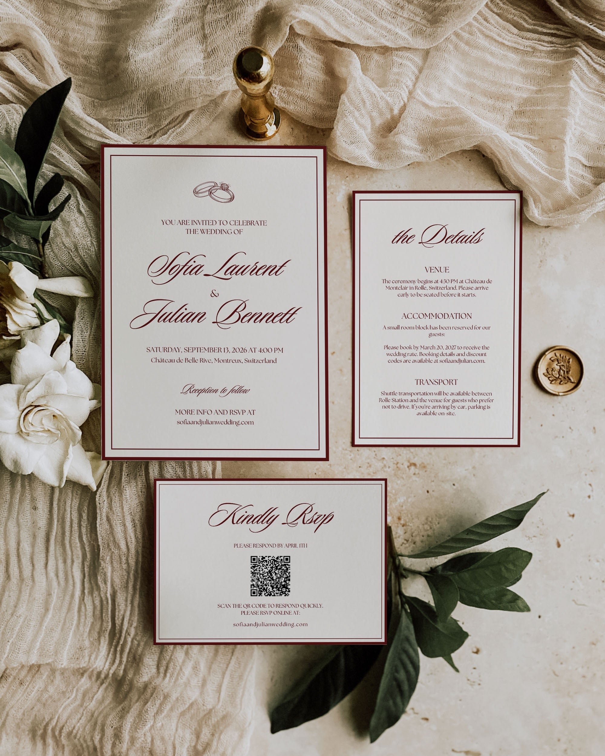Wedding Invitation Template Set: Editable Elegant Invitation Suite With QR RSVP (Instant Download) 