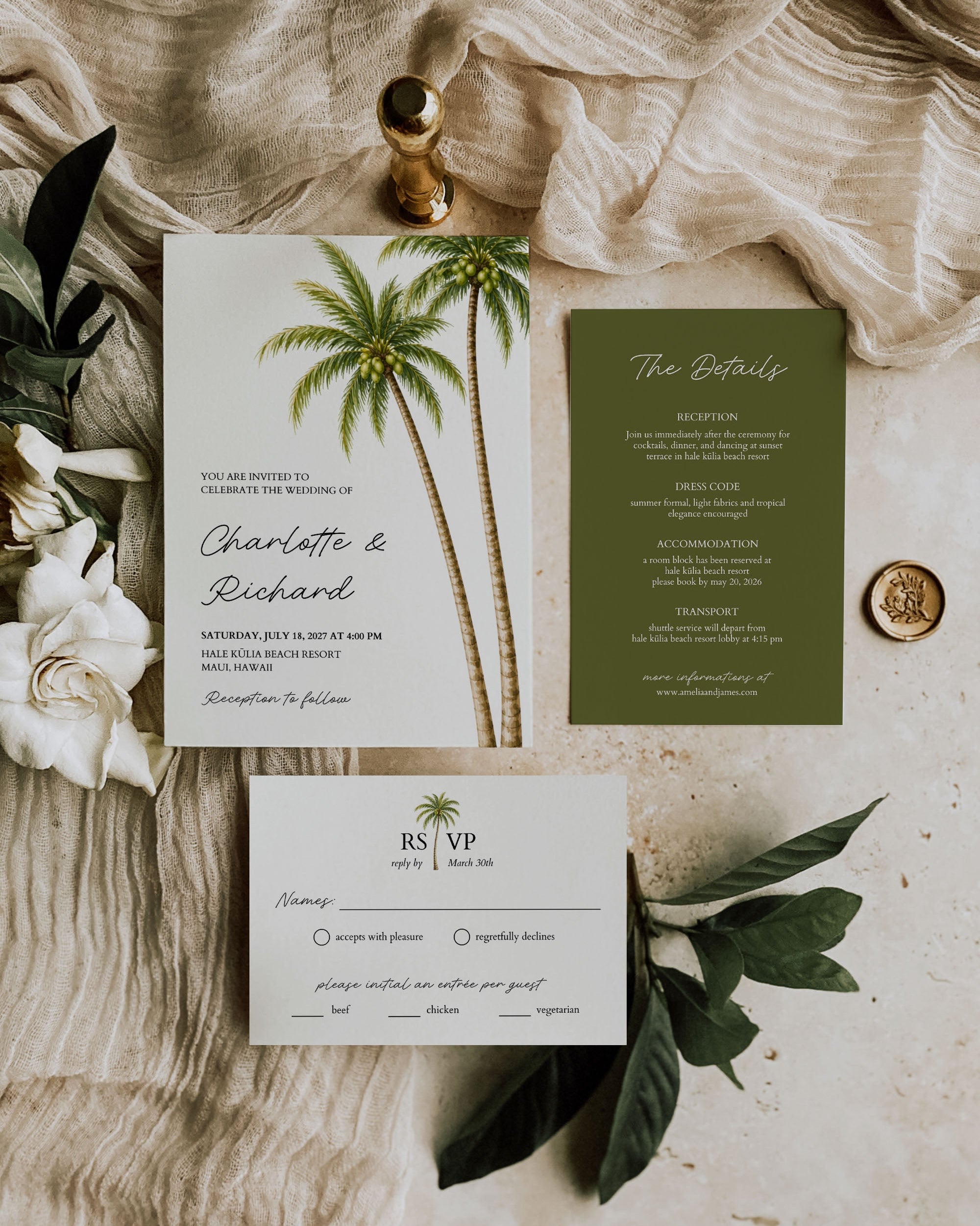 Tropical Wedding Invitation Suite: Editable Palm Invitation Details Card RSVP (Digital Download)