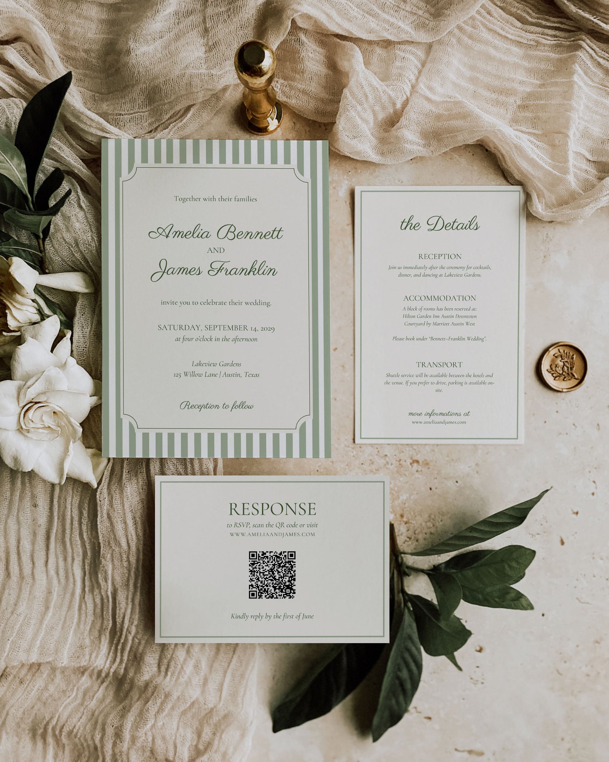 Wedding Invitation Template Set: Editable Green Invitation Suite With QR RSVP (Instant Download) 