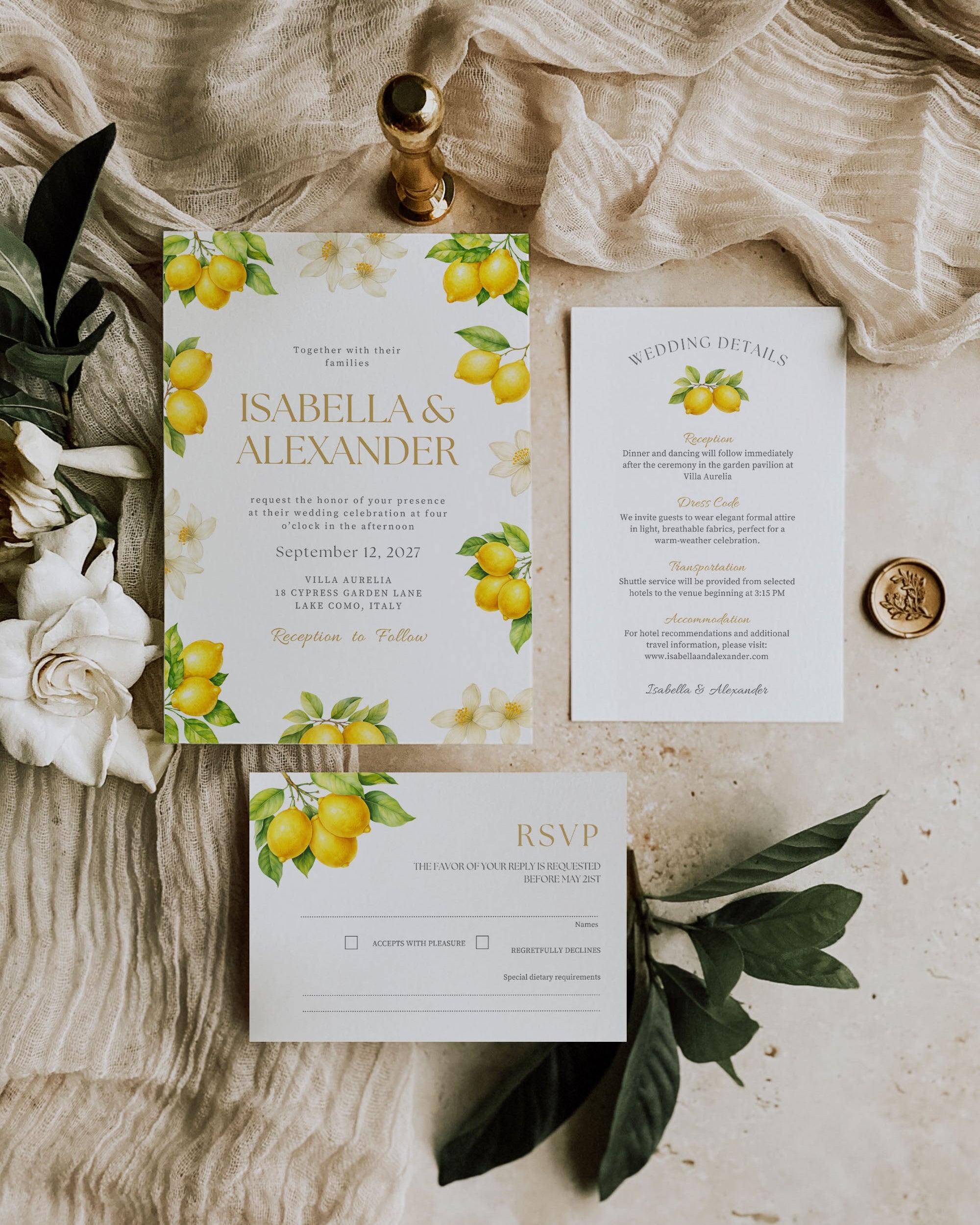 Lemon Wedding Invitation Suite: Citrus Wedding Invite, RSVP, Details (Digital Download)