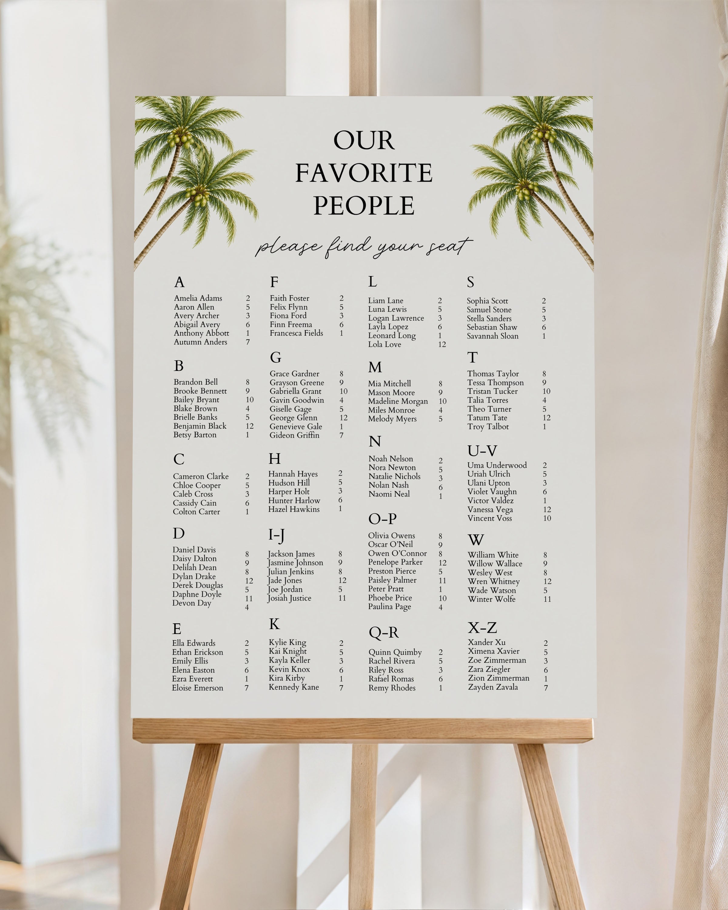 Alphabetical Wedding Seating Chart Template: Editable Tropical Table Plan (Instant Download) 